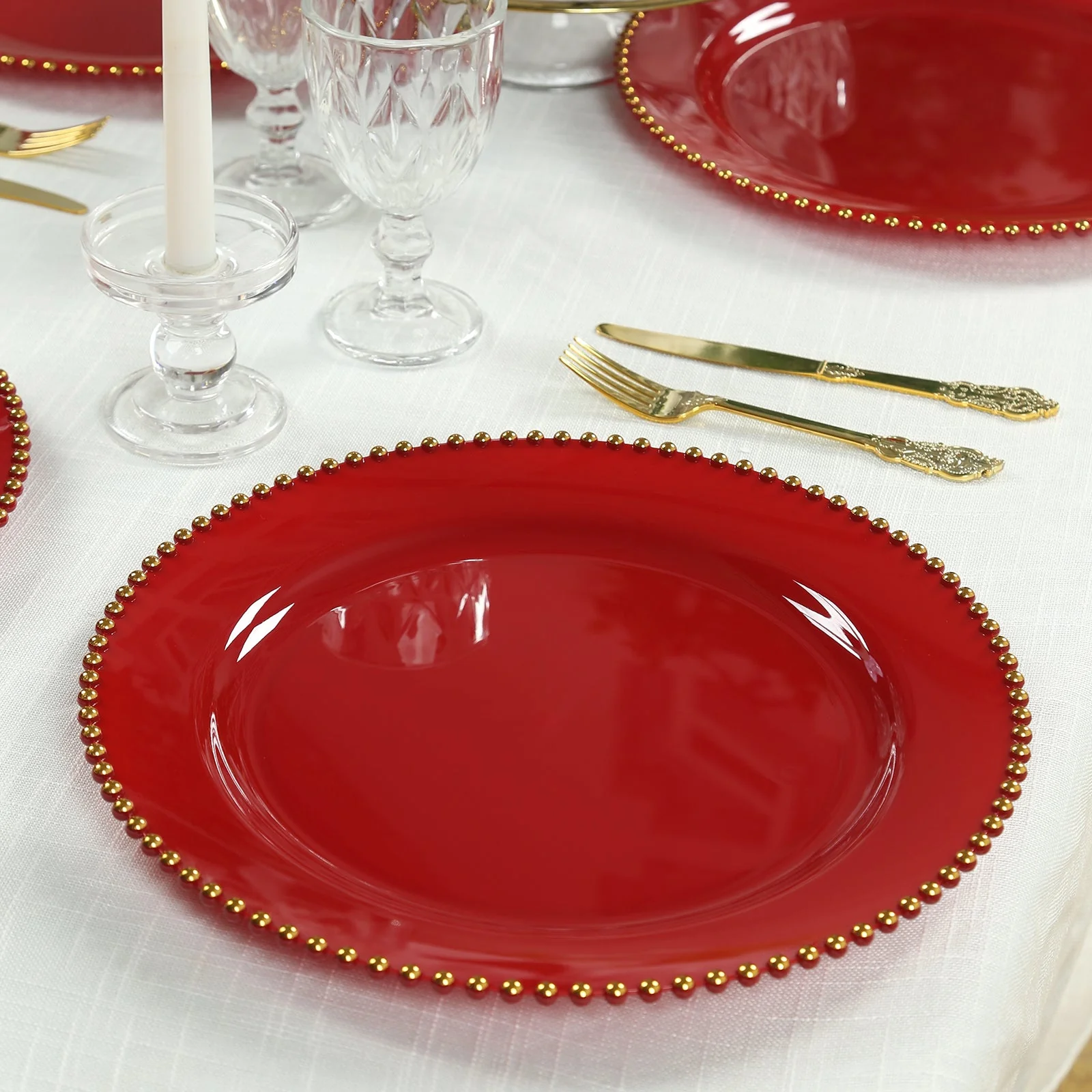 10-Pack Economy Plastic Charger Plates 13" Round Red with Gold Beaded Rim - Stylish Dinner Party Serving Plates - Image 7