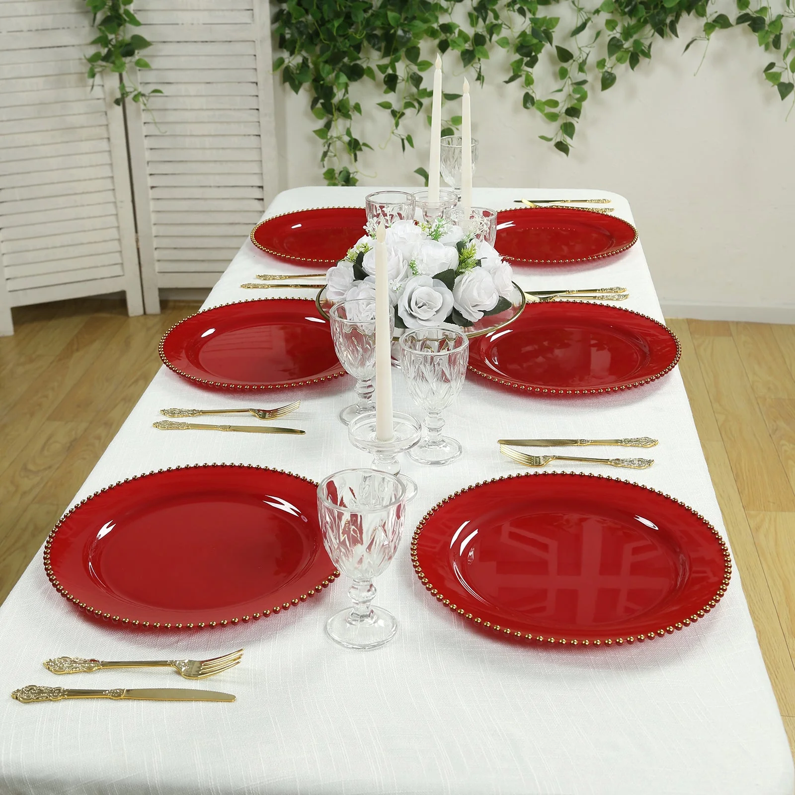 10-Pack Economy Plastic Charger Plates 13" Round Red with Gold Beaded Rim - Stylish Dinner Party Serving Plates - Image 8