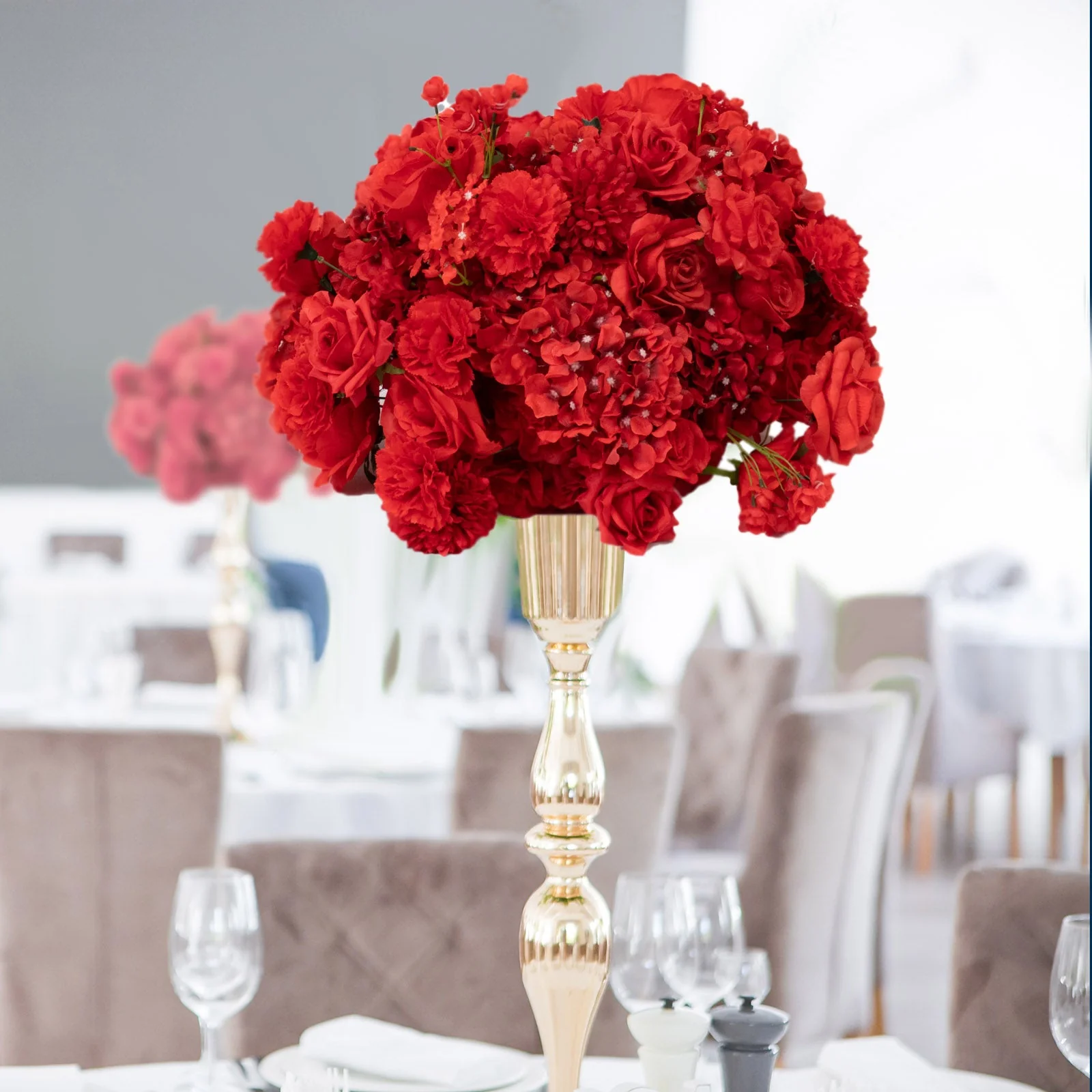 Pre-Arranged Silk Floral Centerpiece in Red, 22" Artificial Rose, Hydrangea & Chrysanthemum Flower Ball Bouquet for Event, Wedding - Image 6