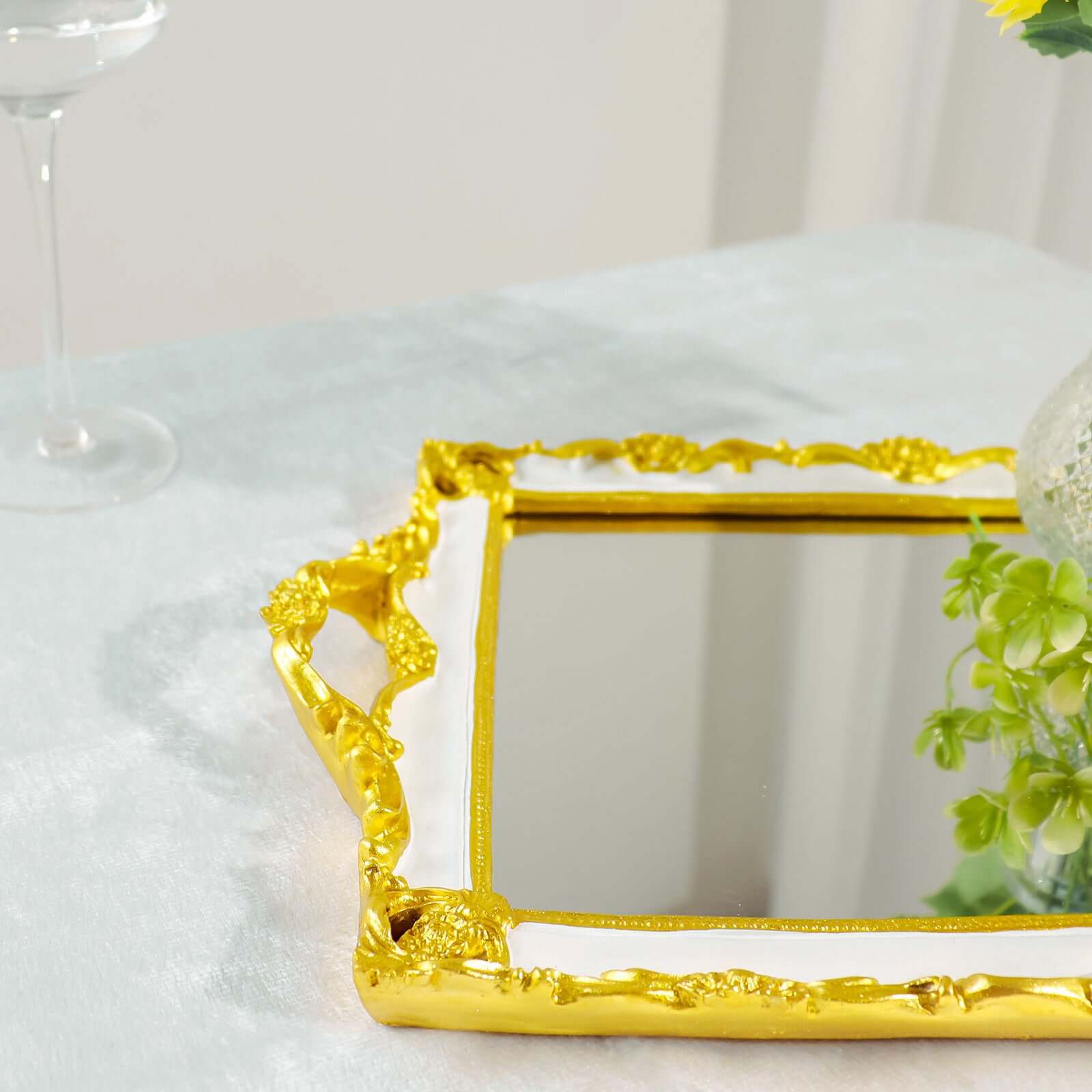 Resin Mirrored Serving Tray 15"x10" Rectangle White with Gold Baroque Design - Stylish Decorative Vanity Tray Centerpiece - Image 11