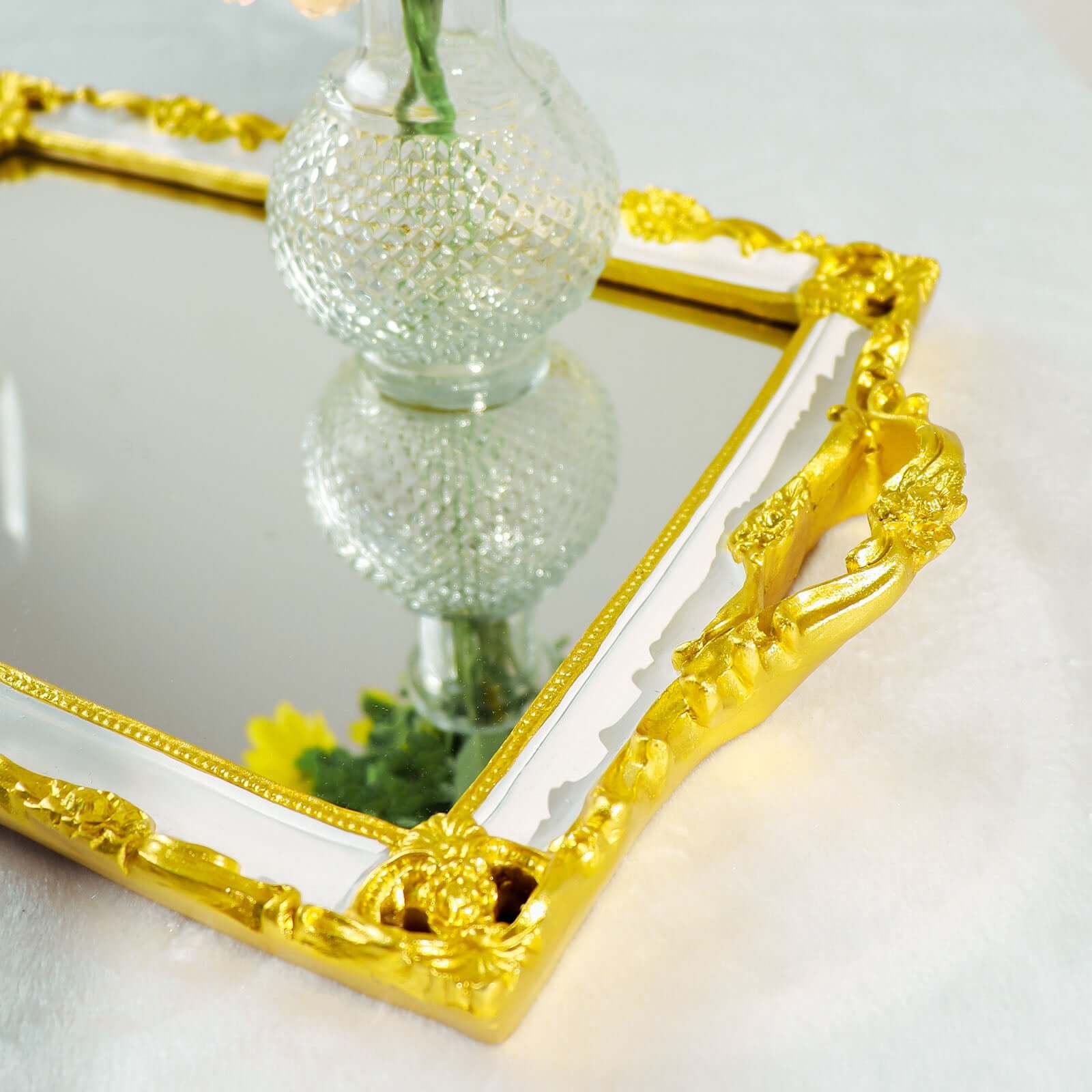 Resin Mirrored Serving Tray 15"x10" Rectangle White with Gold Baroque Design - Stylish Decorative Vanity Tray Centerpiece - Image 12
