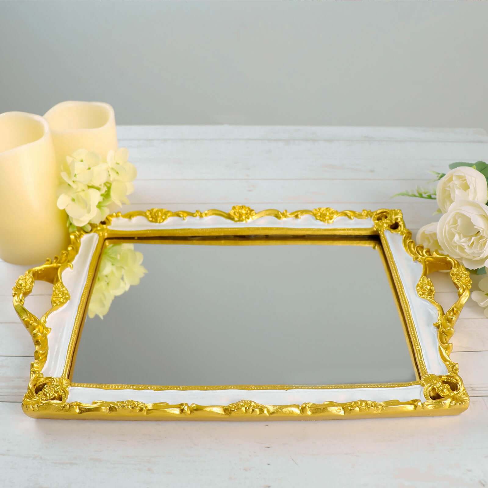 Resin Mirrored Serving Tray 15"x10" Rectangle White with Gold Baroque Design - Stylish Decorative Vanity Tray Centerpiece - Image 6