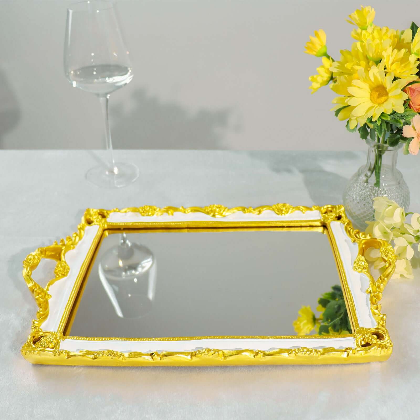 Resin Mirrored Serving Tray 15"x10" Rectangle White with Gold Baroque Design - Stylish Decorative Vanity Tray Centerpiece - Image 8