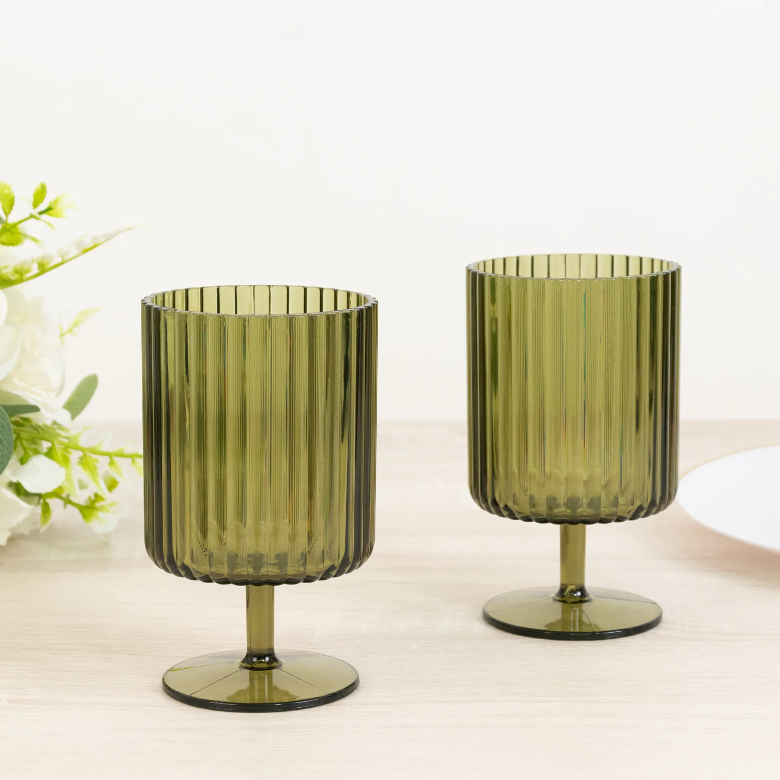 12-Pack Dusty Sage Green Plastic Wine Glasses 12oz, Vintage Ribbed Pattern Short Stemmed - Reusable Shatterproof Goblets - Image 3