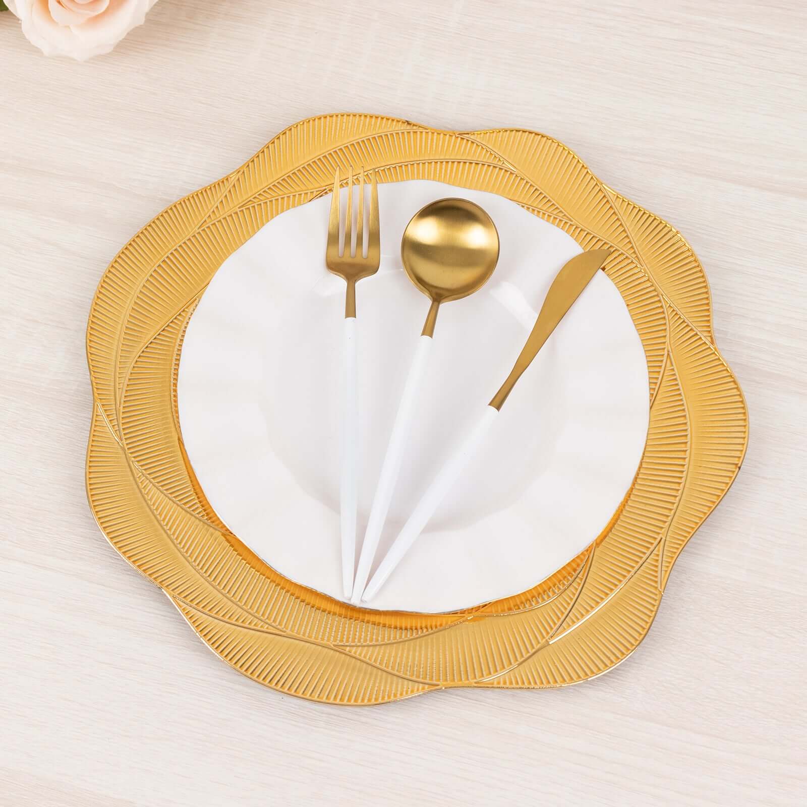 6-Pack Acrylic Charger Plates 13" Round Metallic Gold Ribbed Rose Pattern - Event Tabletop Decorative Charger Tableware - Image 2
