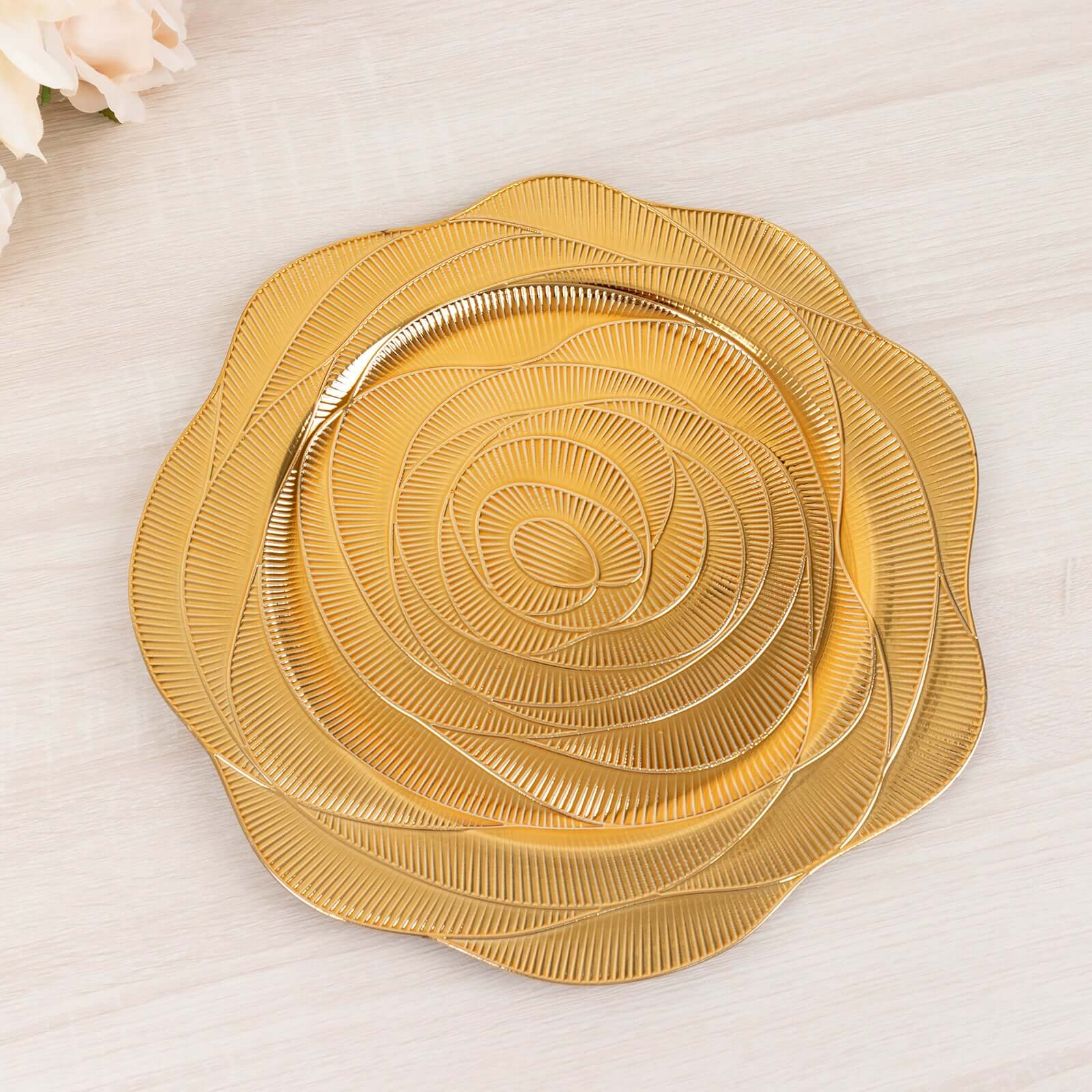 6-Pack Acrylic Charger Plates 13" Round Metallic Gold Ribbed Rose Pattern - Event Tabletop Decorative Charger Tableware - Image 4