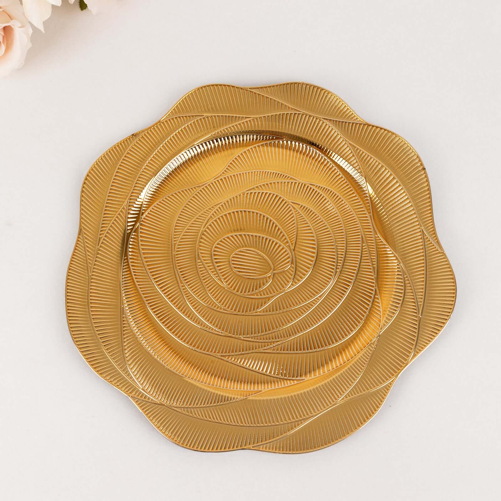 6-Pack Acrylic Charger Plates 13" Round Metallic Gold Ribbed Rose Pattern - Event Tabletop Decorative Charger Tableware - Image 5