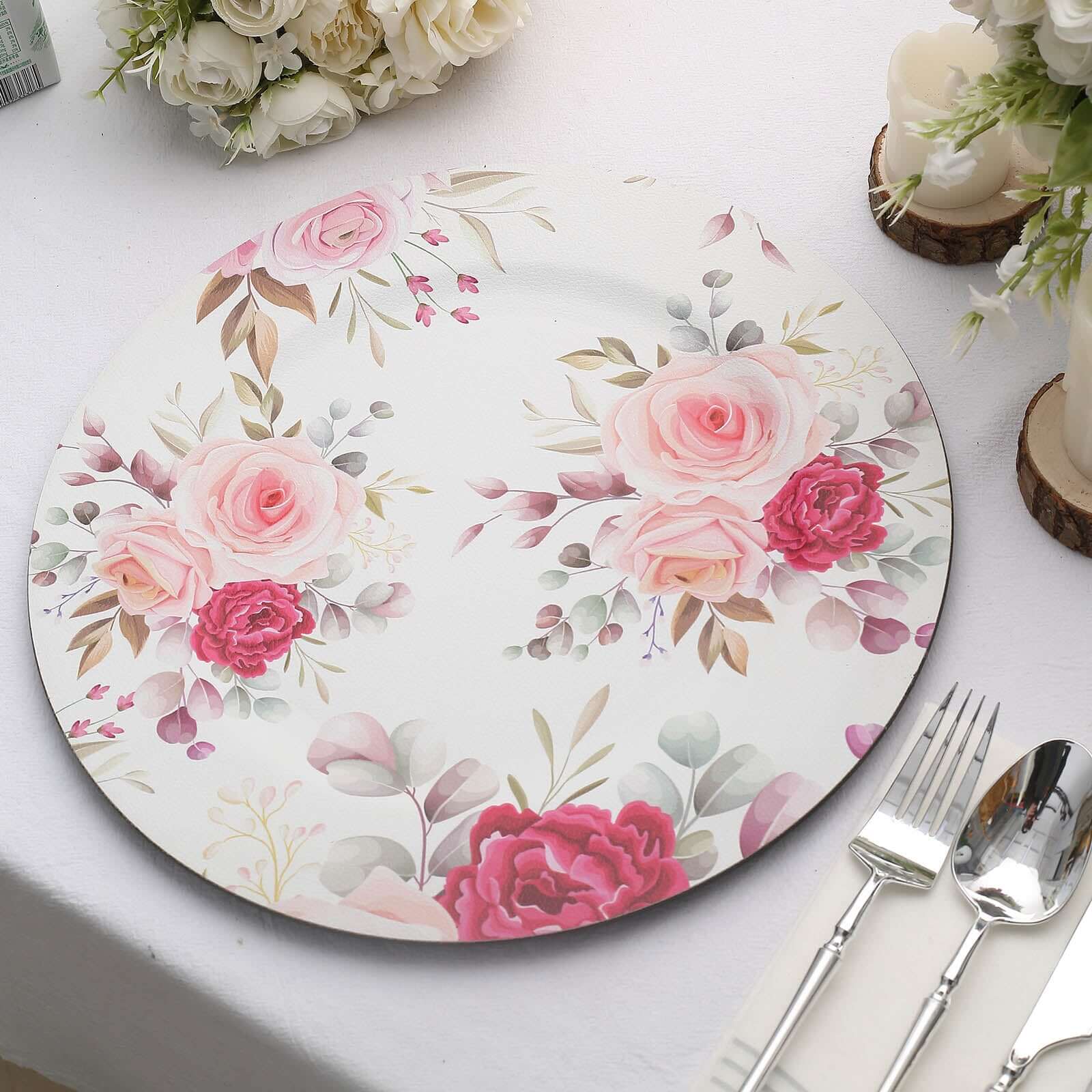 6-Pack Plastic Charger Plates 13" Round White with Assorted Rose Floral Print - Decorative Dinner Party Charger Tableware - Image 2