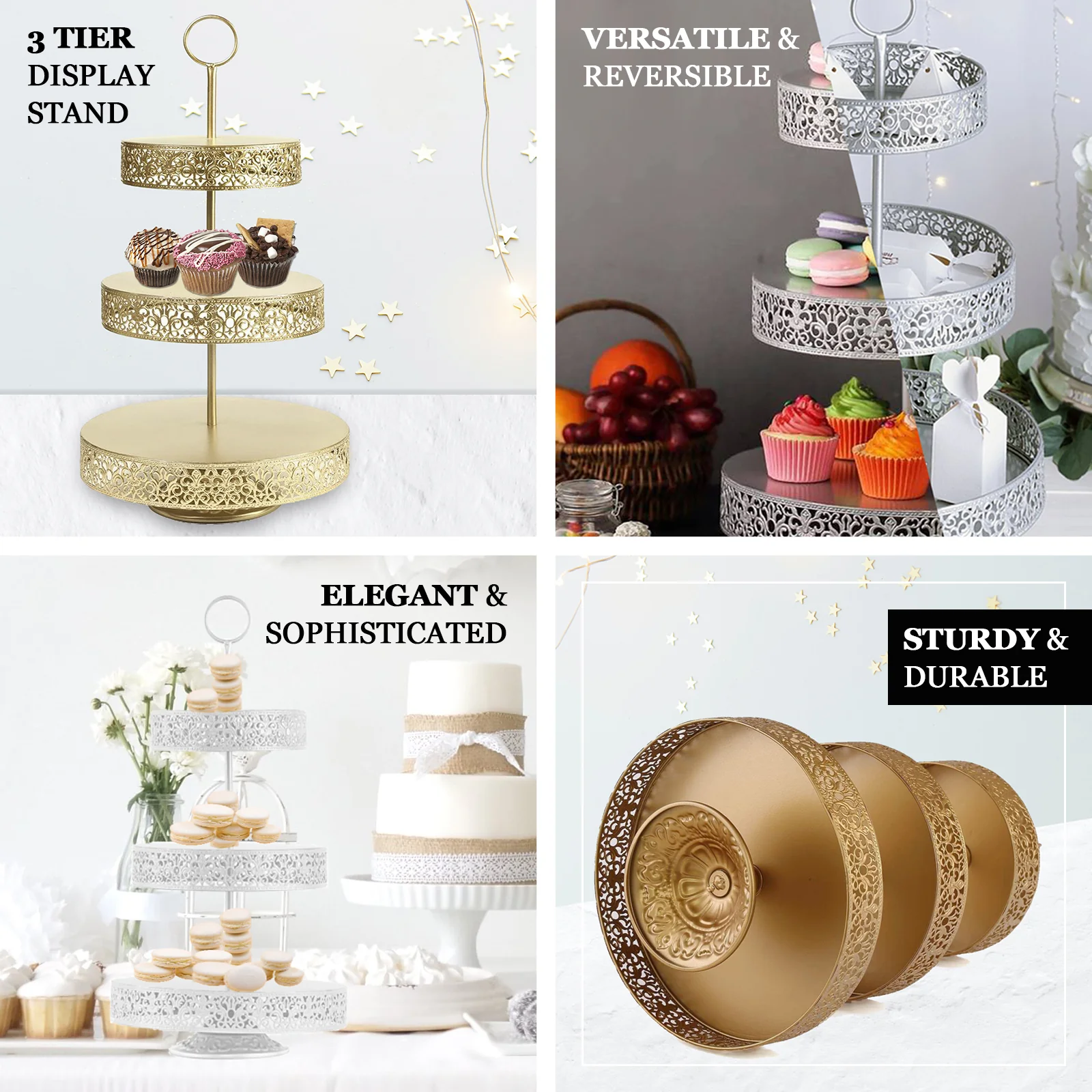 Metal Cupcake Stand 23" 3-Tier Reversible Design Rose Gold - Dessert Holder and Serving Tray - Image 4