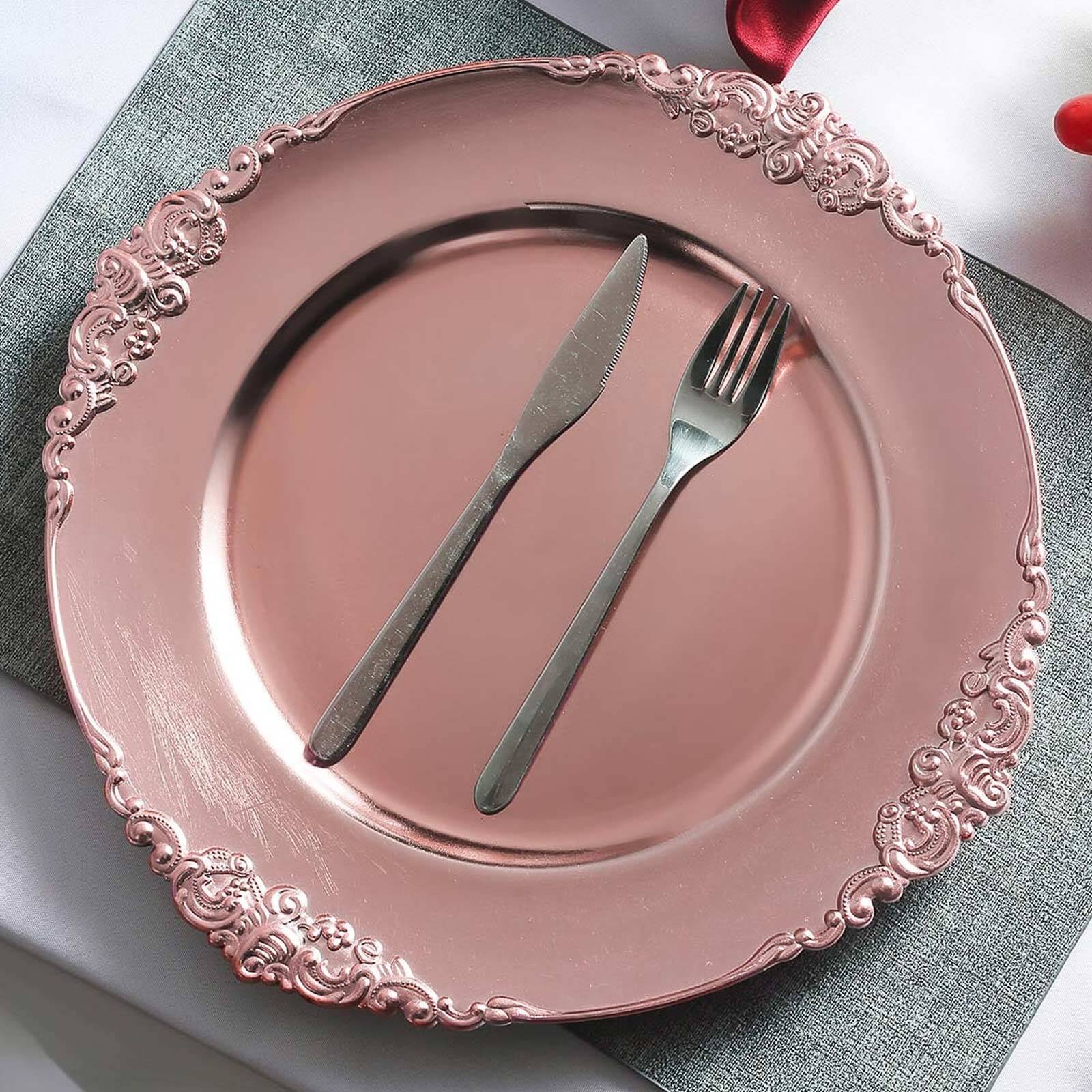 6-Pack Acrylic Charger Plates 13" Round Rose Gold Embossed Baroque Rim - Antique Decorative Dinner Tableware