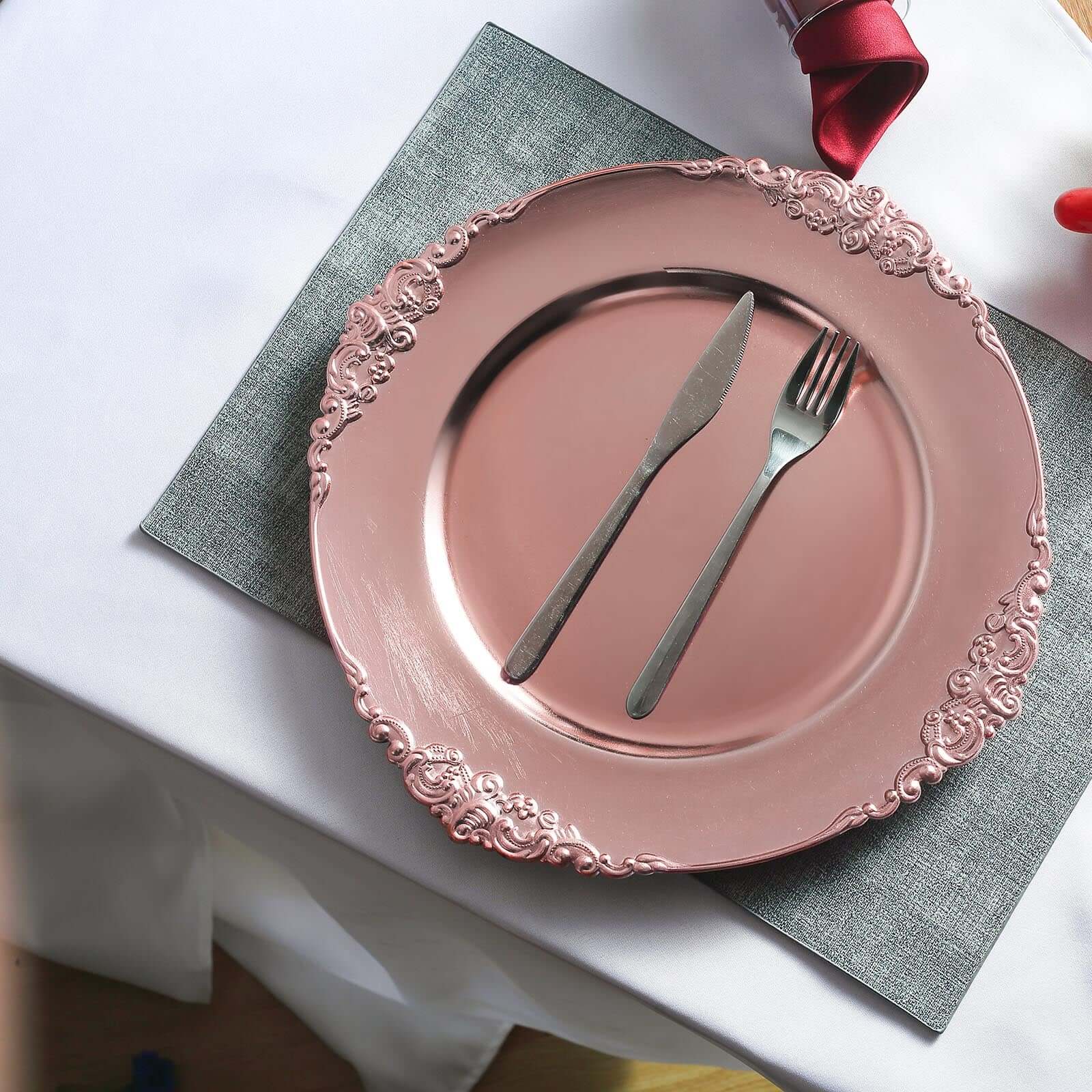 6-Pack Acrylic Charger Plates 13" Round Rose Gold Embossed Baroque Rim - Antique Decorative Dinner Tableware - Image 6