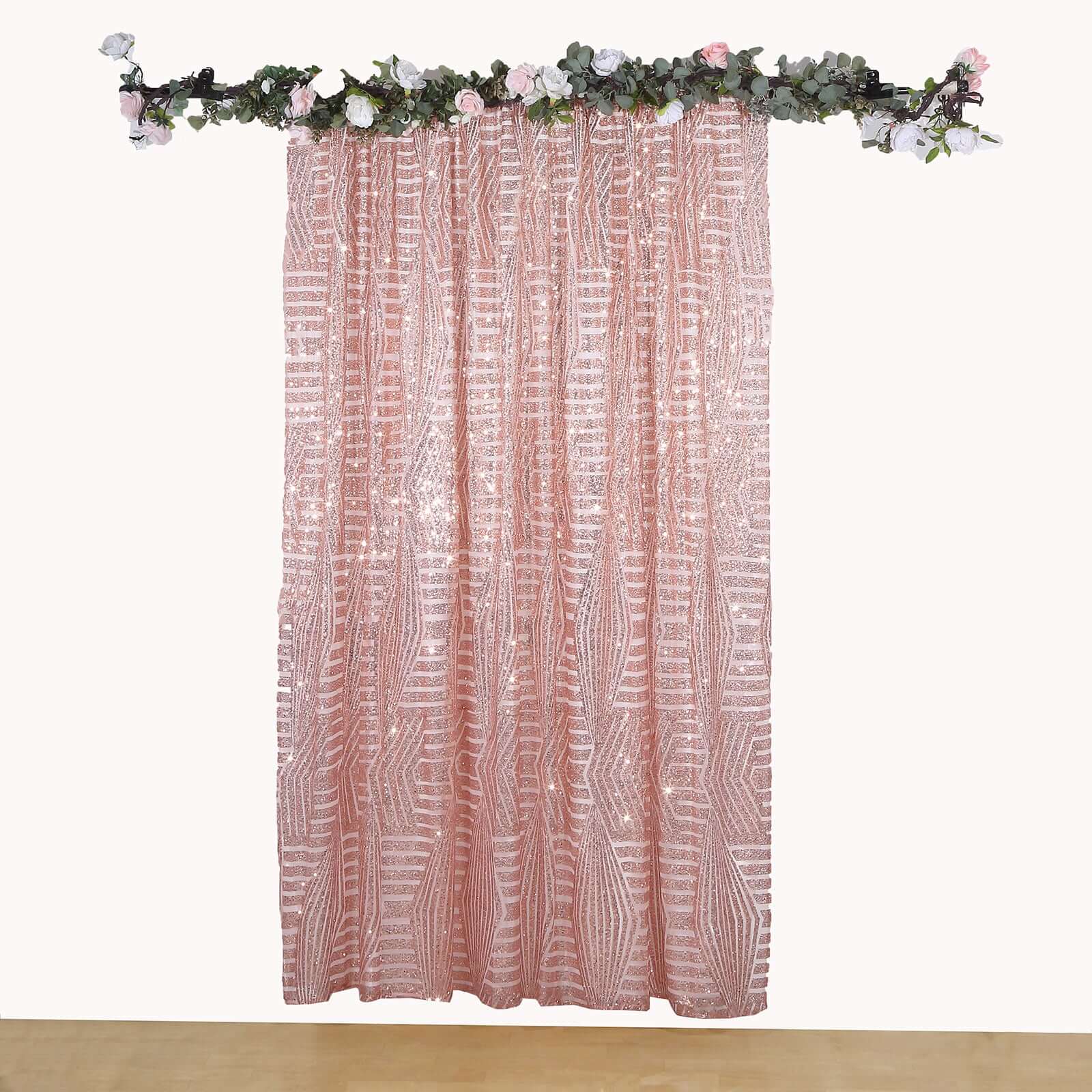Rose Gold Geometric Sequin Backdrop Drape Curtain with Satin Backing, Seamless Opaque Sparkly Photo Booth Event Divider Panel in Diamond Glitz Pattern - 8ftx8ft - Image 4
