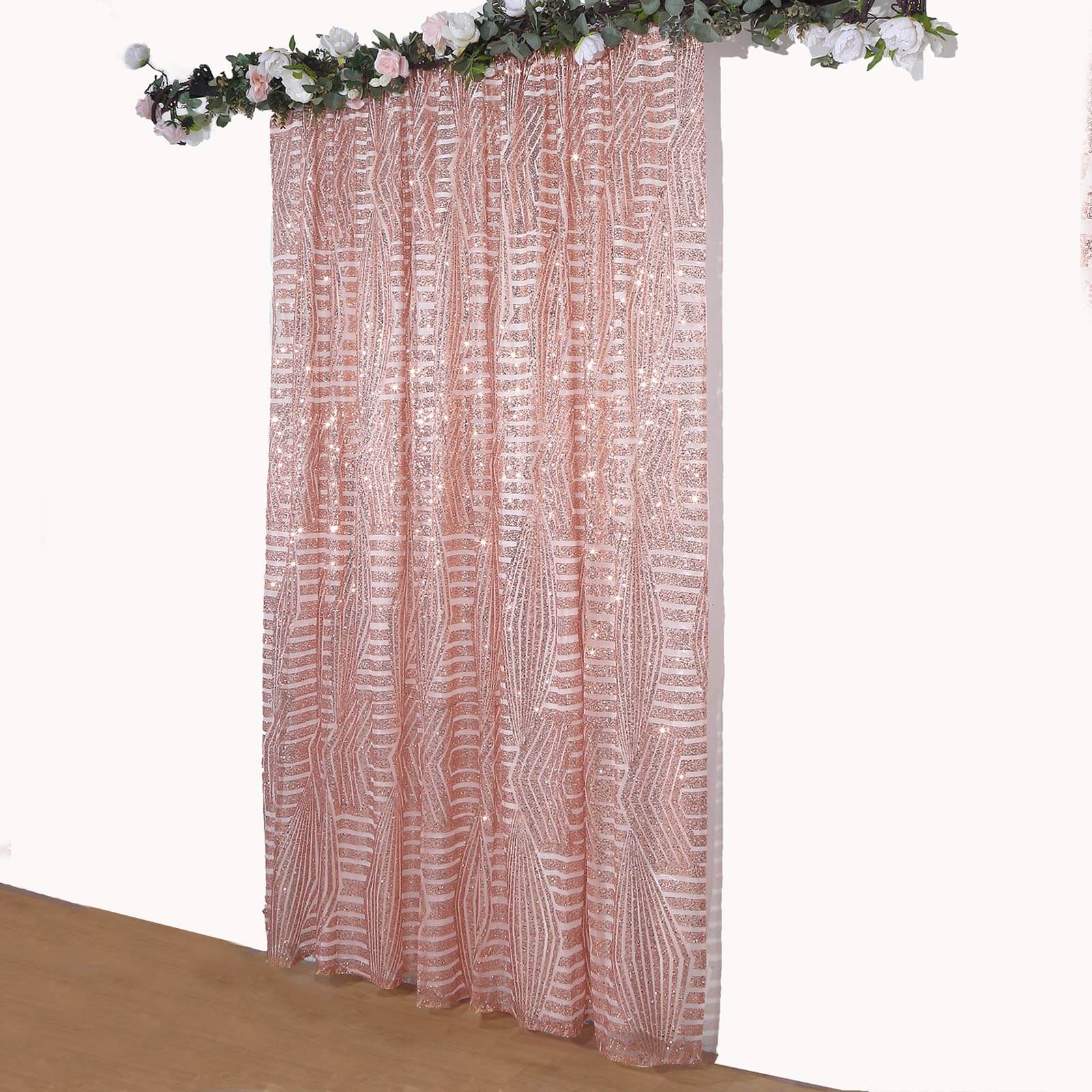 Rose Gold Geometric Sequin Backdrop Drape Curtain with Satin Backing, Seamless Opaque Sparkly Photo Booth Event Divider Panel in Diamond Glitz Pattern - 8ftx8ft - Image 5
