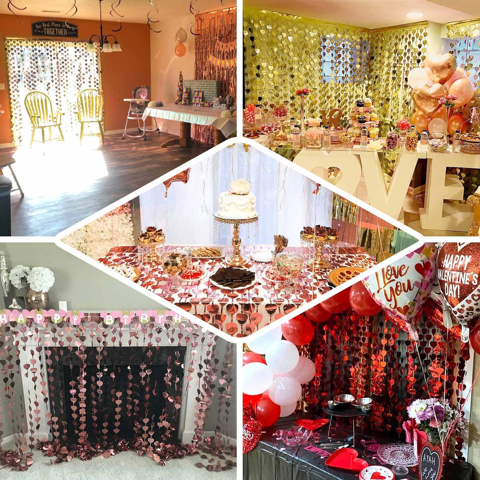 Rose Gold Heart Chain Foil Fringe Curtain Party Backdrop, Metallic Rose Gold Tinsel Streamer Party Decor - Door Window Foil Curtain 3ftx6.5ft - Image 4