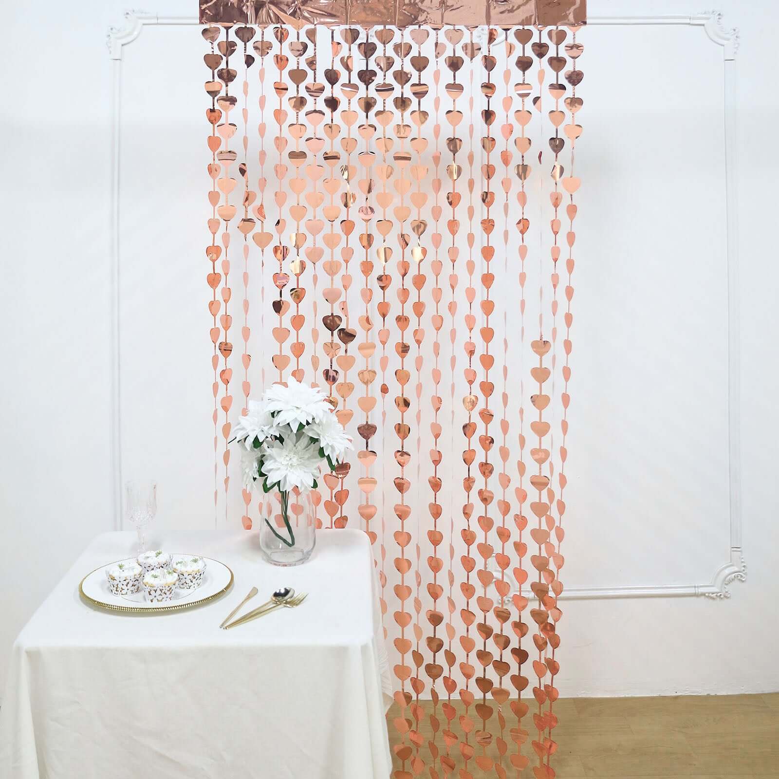 Rose Gold Heart Chain Foil Fringe Curtain Party Backdrop, Metallic Rose Gold Tinsel Streamer Party Decor - Door Window Foil Curtain 3ftx6.5ft - Image 5