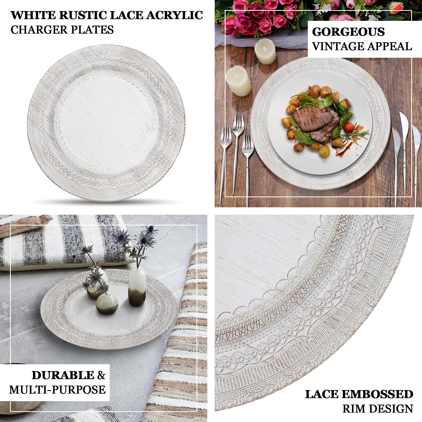 6-Pack Acrylic Charger Plates 13" Round Rose Gold Lace Embossed Rim - Rustic Plastic Charger Tableware - Image 4