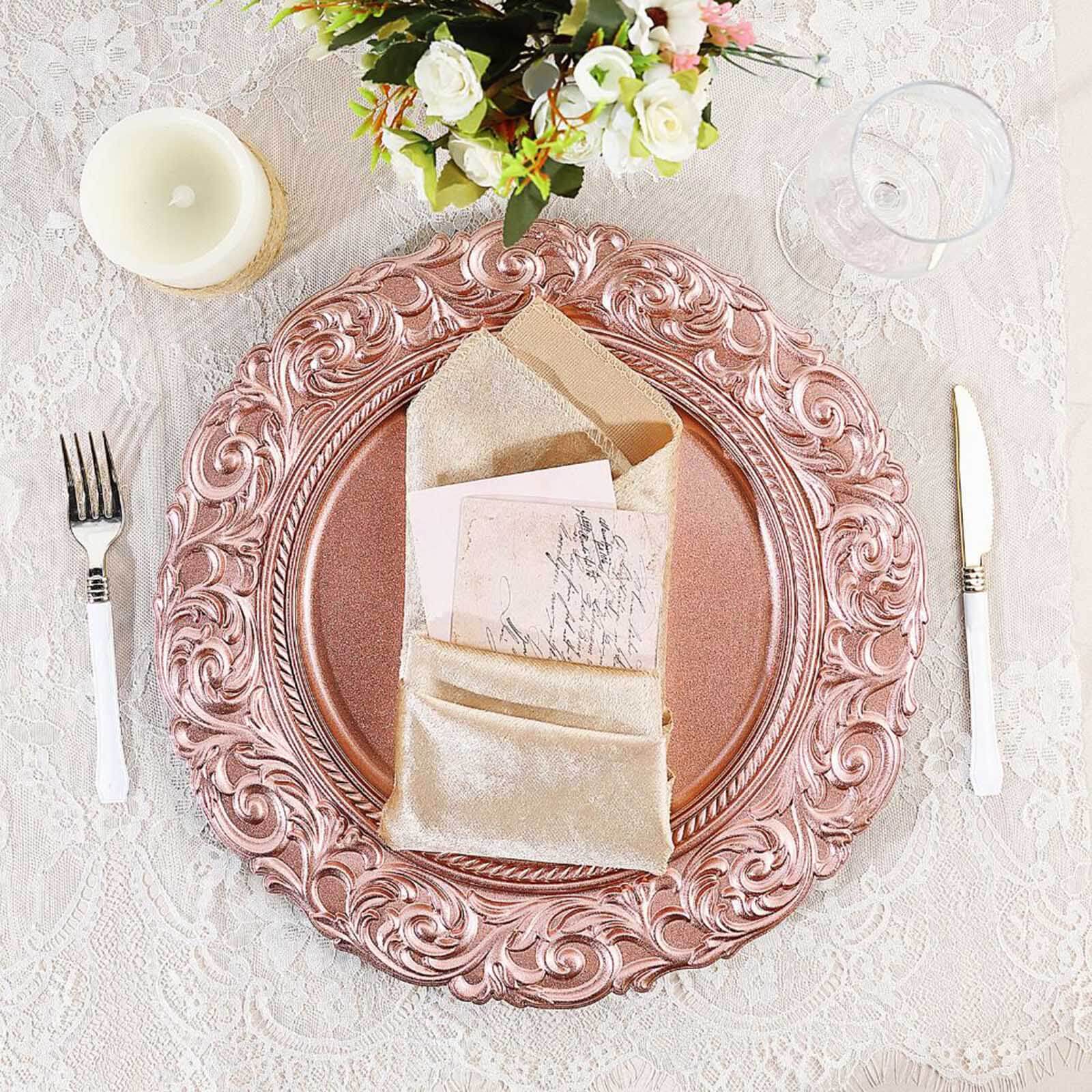6-Pack Acrylic Charger Plates 14" Round Rose Gold with Engraved Baroque Rim - Vintage Disposable Decorative Chargers - Image 2