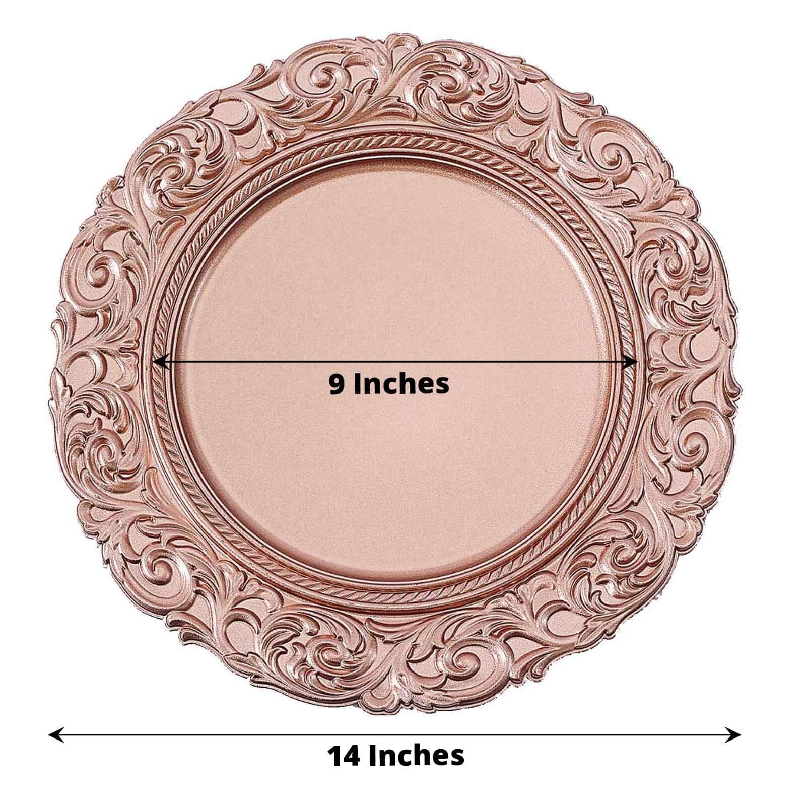 6-Pack Acrylic Charger Plates 14" Round Rose Gold with Engraved Baroque Rim - Vintage Disposable Decorative Chargers - Image 3