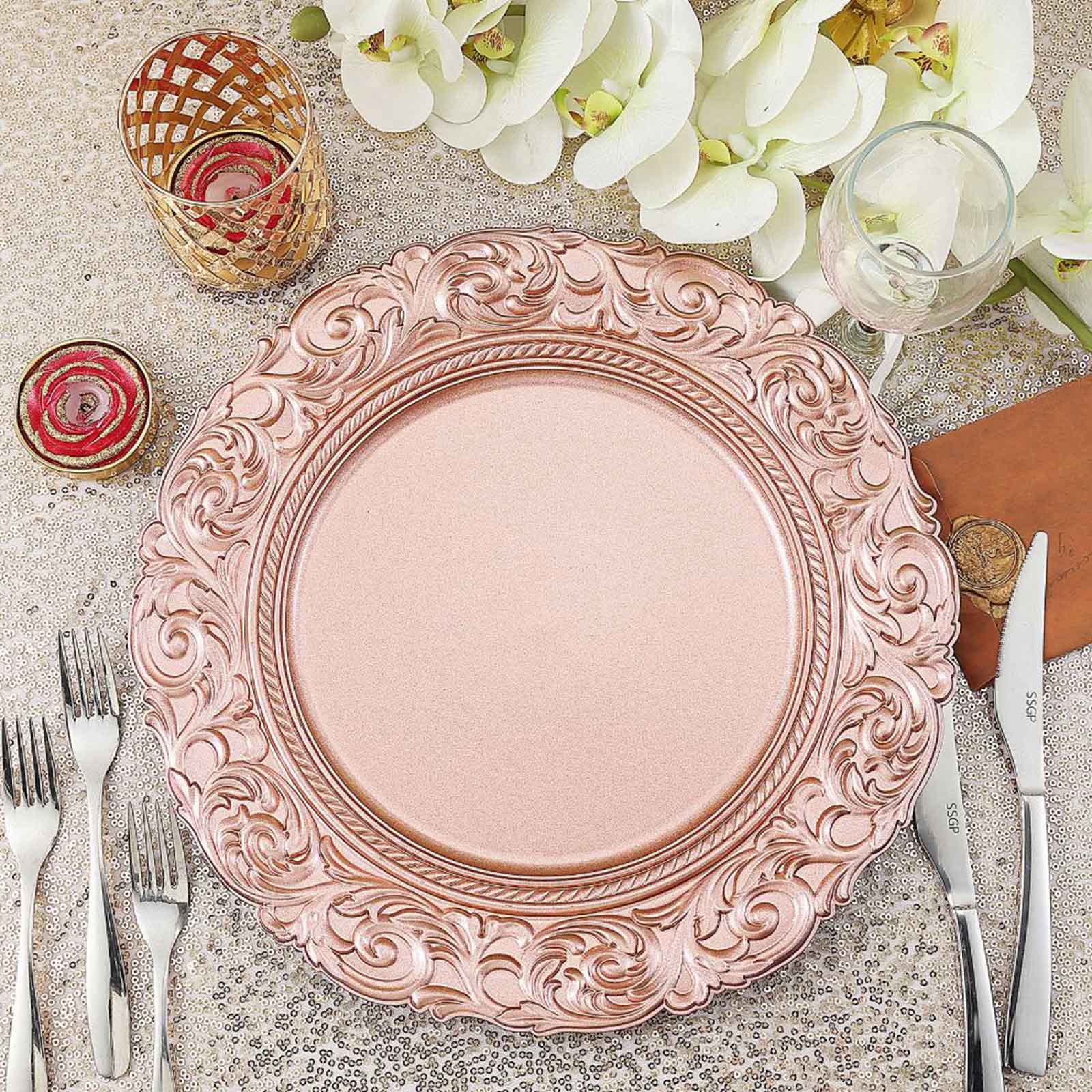 6-Pack Acrylic Charger Plates 14" Round Rose Gold with Engraved Baroque Rim - Vintage Disposable Decorative Chargers - Image 7