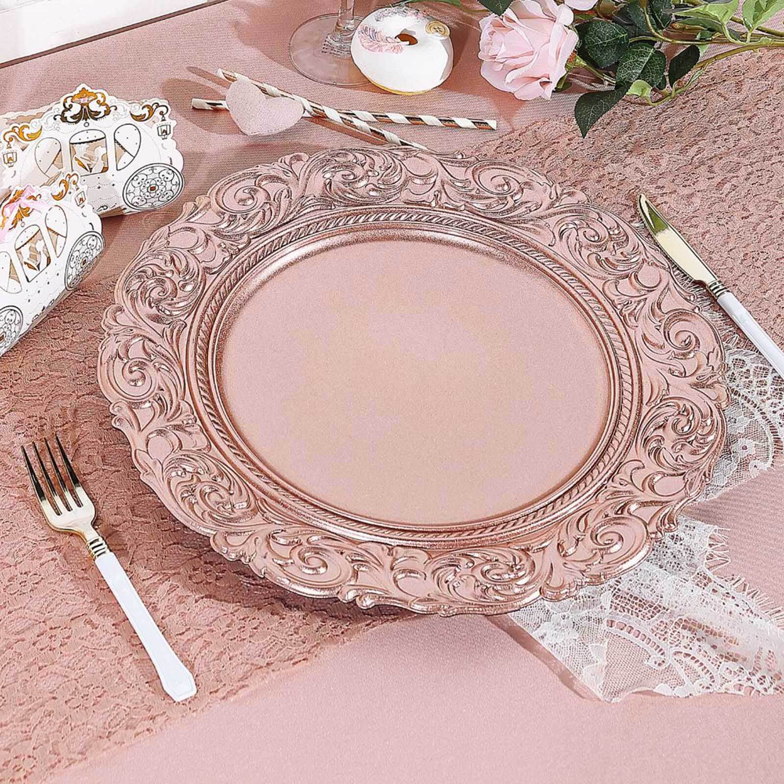 6-Pack Acrylic Charger Plates 14" Round Rose Gold with Engraved Baroque Rim - Vintage Disposable Decorative Chargers - Image 8