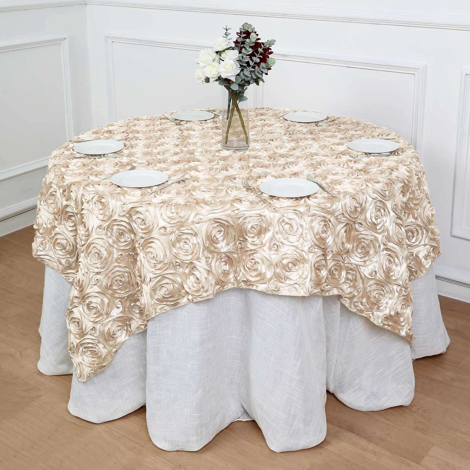 Rosette Satin Square Table Overlay 72"x72" Beige - 3D Table Topper - Image 4
