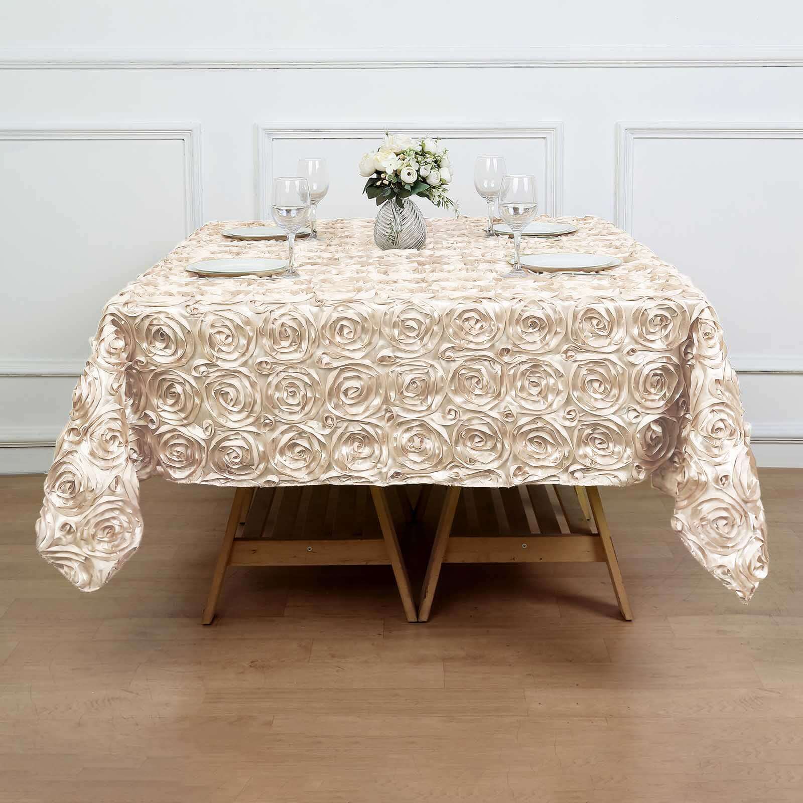 Rosette Satin Square Table Overlay 72"x72" Beige - 3D Table Topper - Image 5