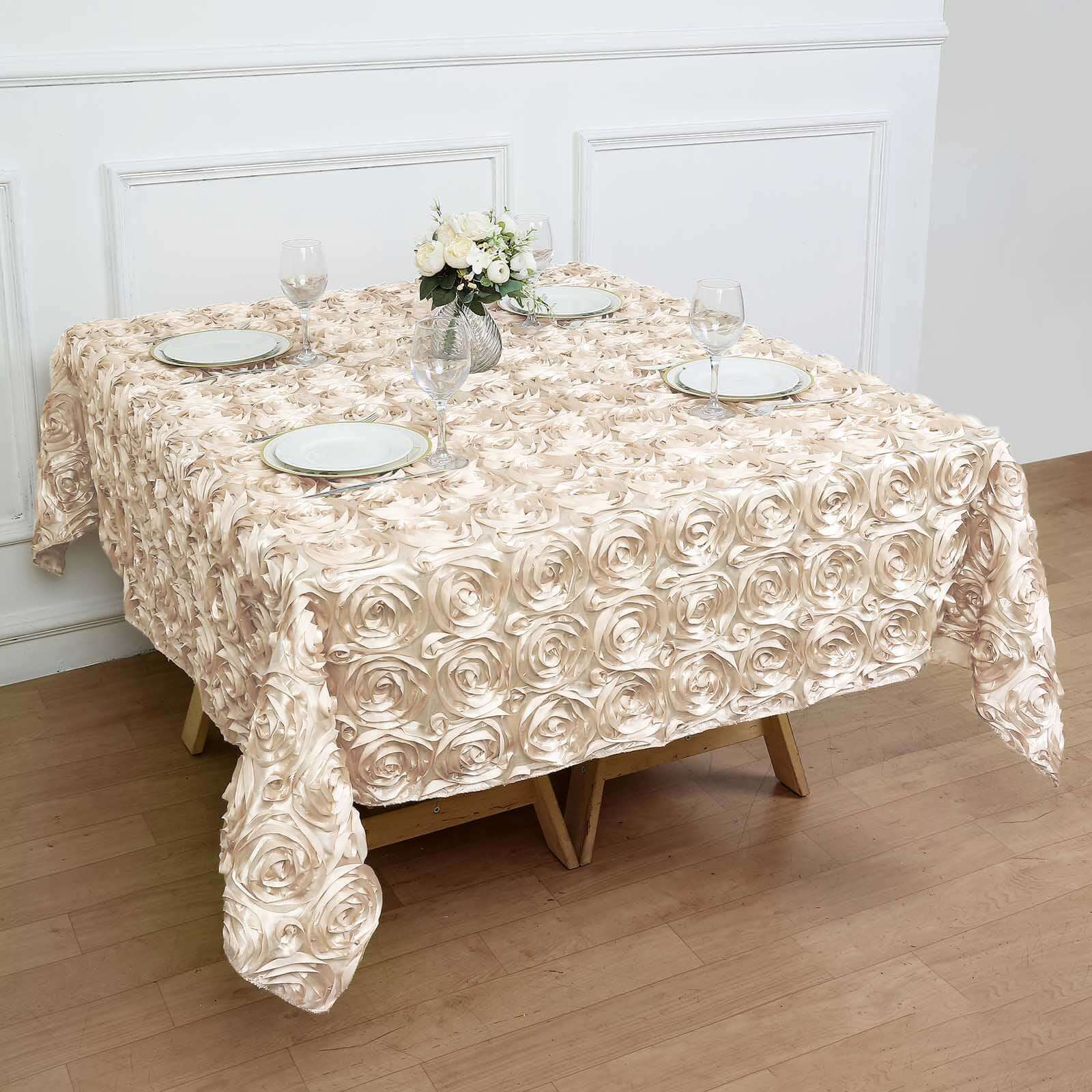 Rosette Satin Square Table Overlay 72"x72" Beige - 3D Table Topper - Image 7