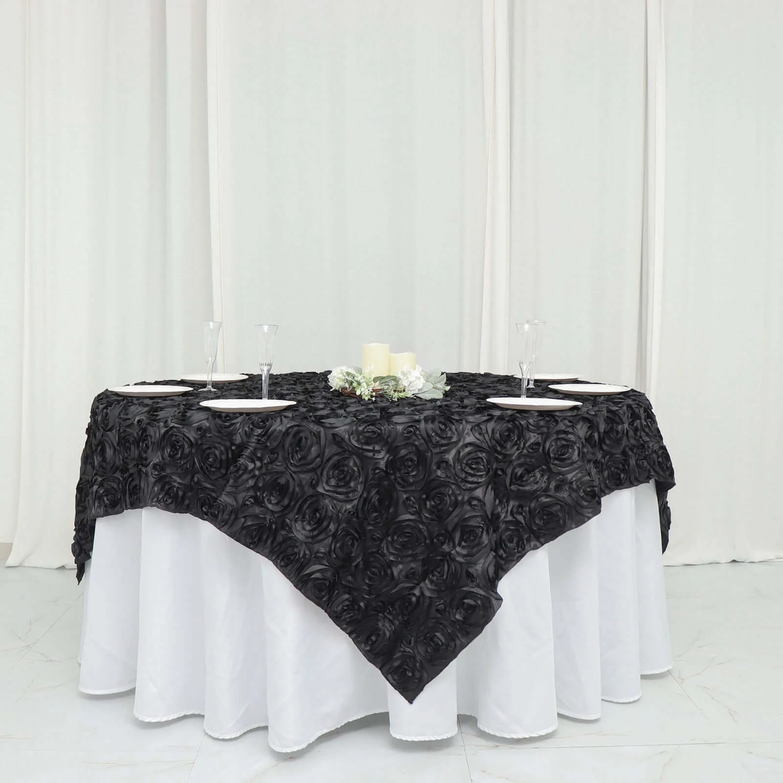 Rosette Satin Square Table Overlay 72"x72" Black - Stylish 3D Design for Weddings and Luxe Celebrations