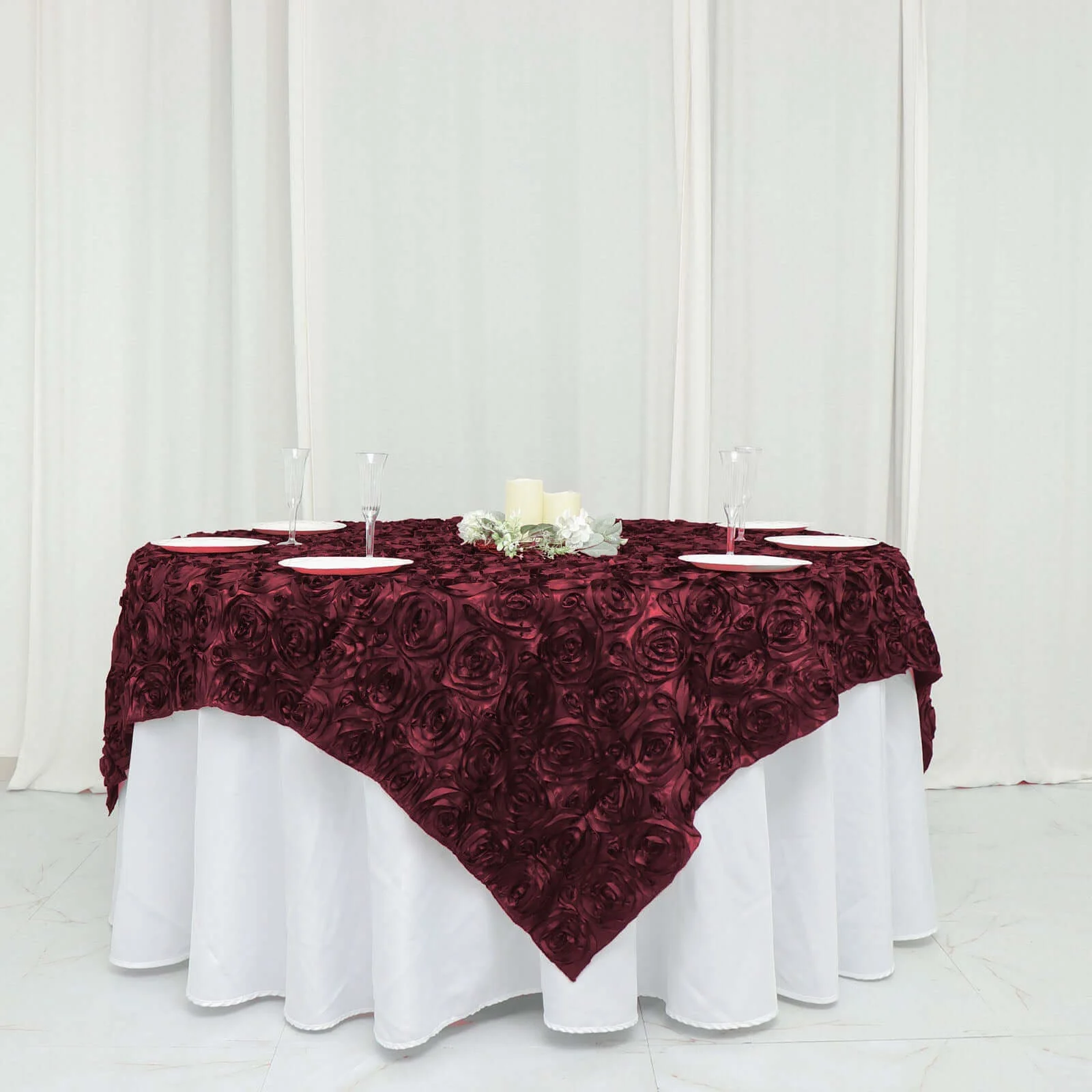 Rosette Satin Square Table Overlay 72"x72" Burgundy - 3D Table Topper