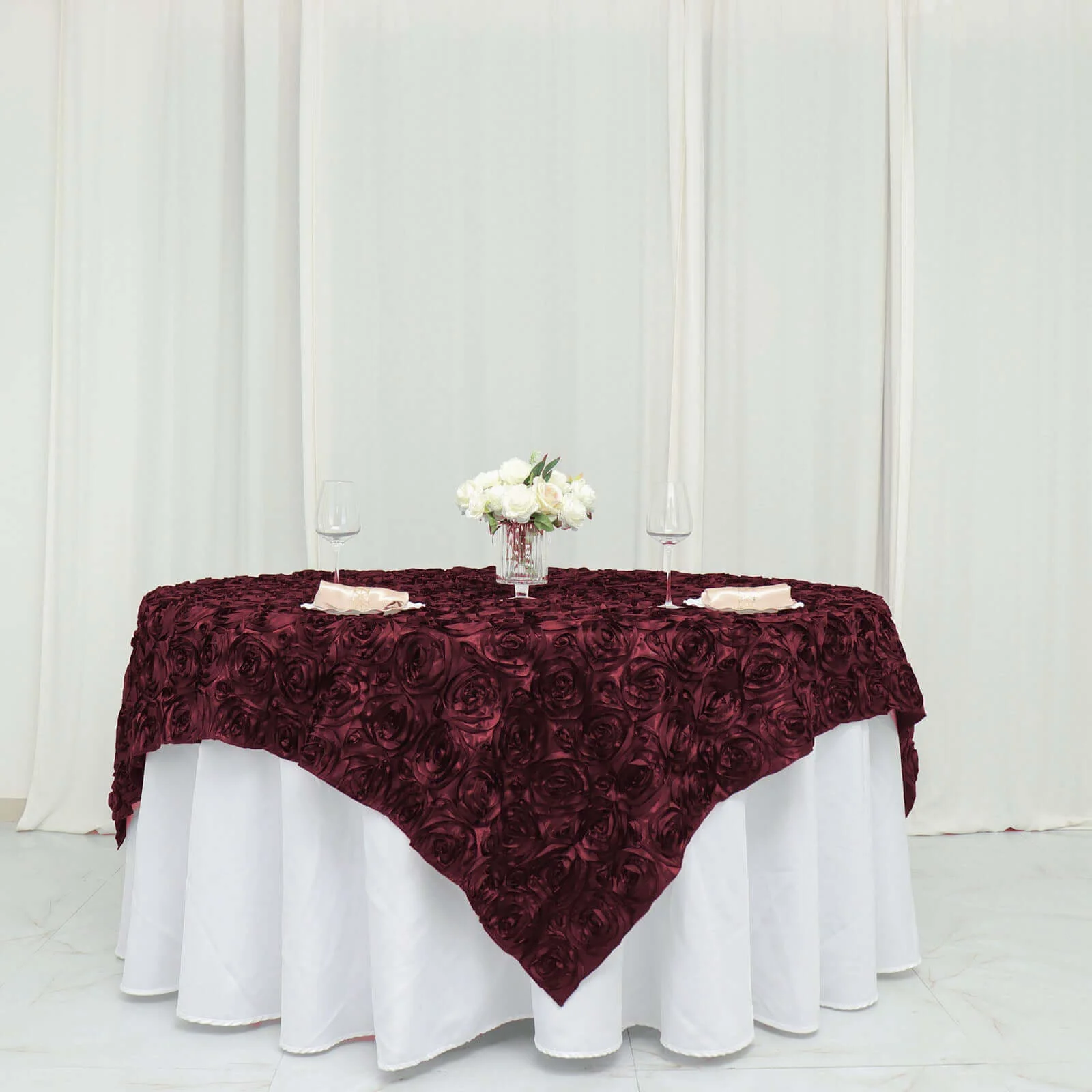 Rosette Satin Square Table Overlay 72"x72" Burgundy - 3D Table Topper - Image 2