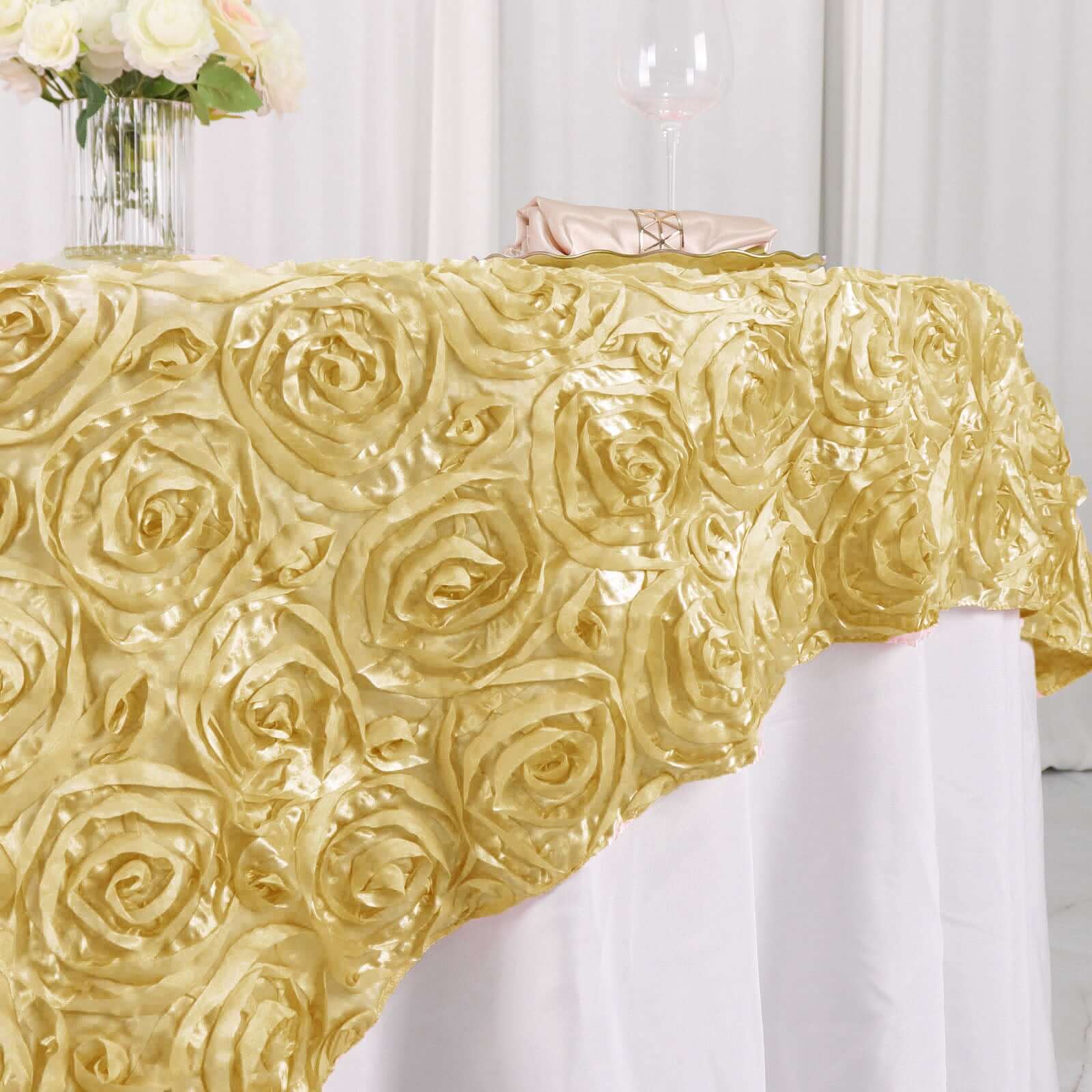 Rosette Satin Square Table Overlay 72"x72" Champagne - 3D Table Topper - Image 2