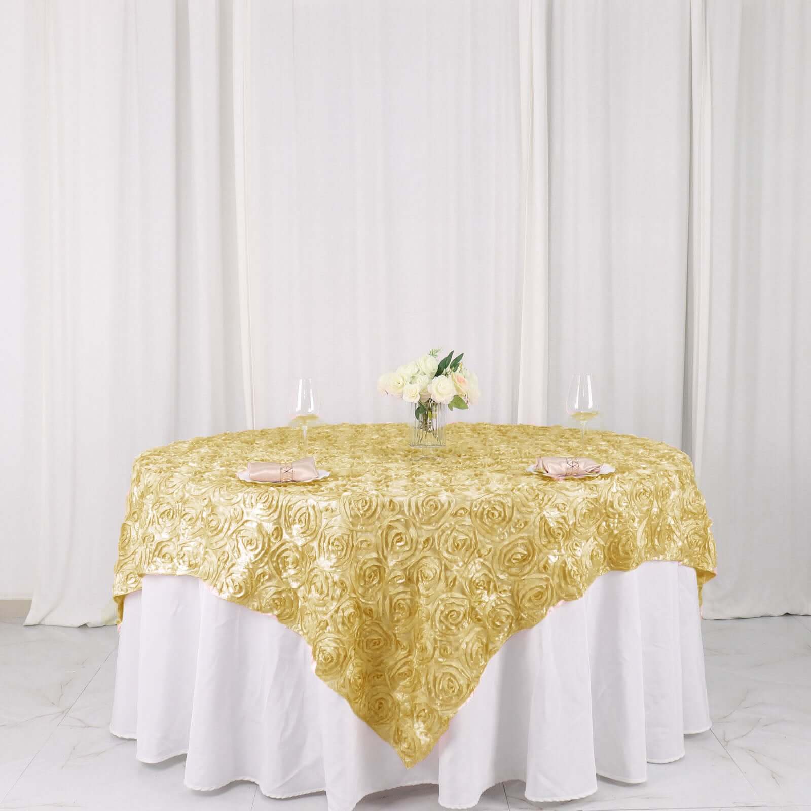 Rosette Satin Square Table Overlay 72"x72" Champagne - 3D Table Topper - Image 3