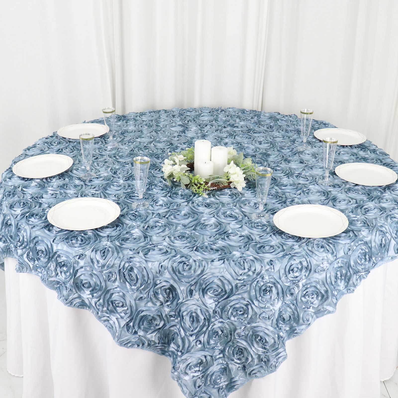 Rosette Satin Square Table Overlay 72"x72" Dusty Blue - 3D Table Topper - Image 2