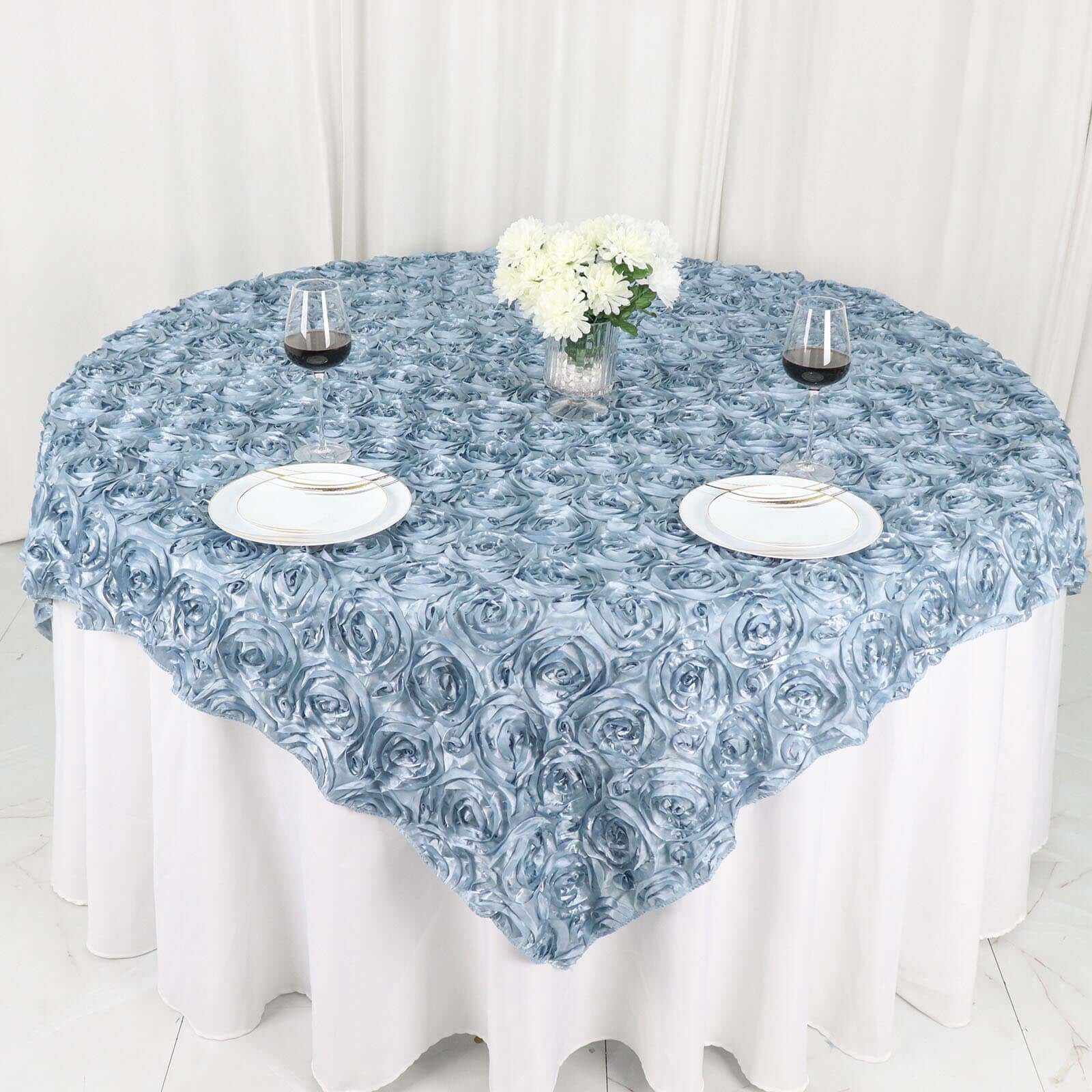 Rosette Satin Square Table Overlay 72"x72" Dusty Blue - 3D Table Topper - Image 3