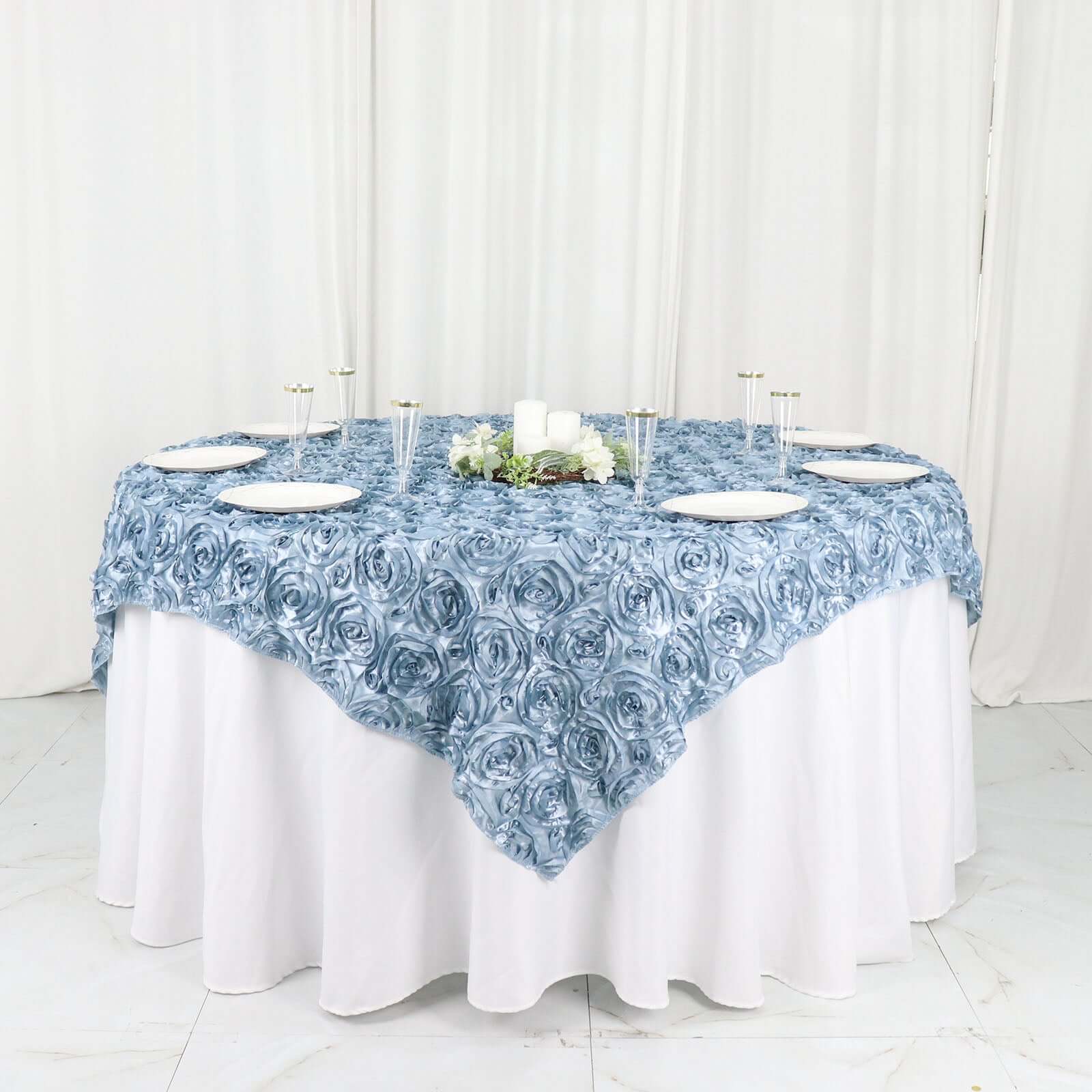 Rosette Satin Square Table Overlay 72"x72" Dusty Blue - 3D Table Topper - Image 6