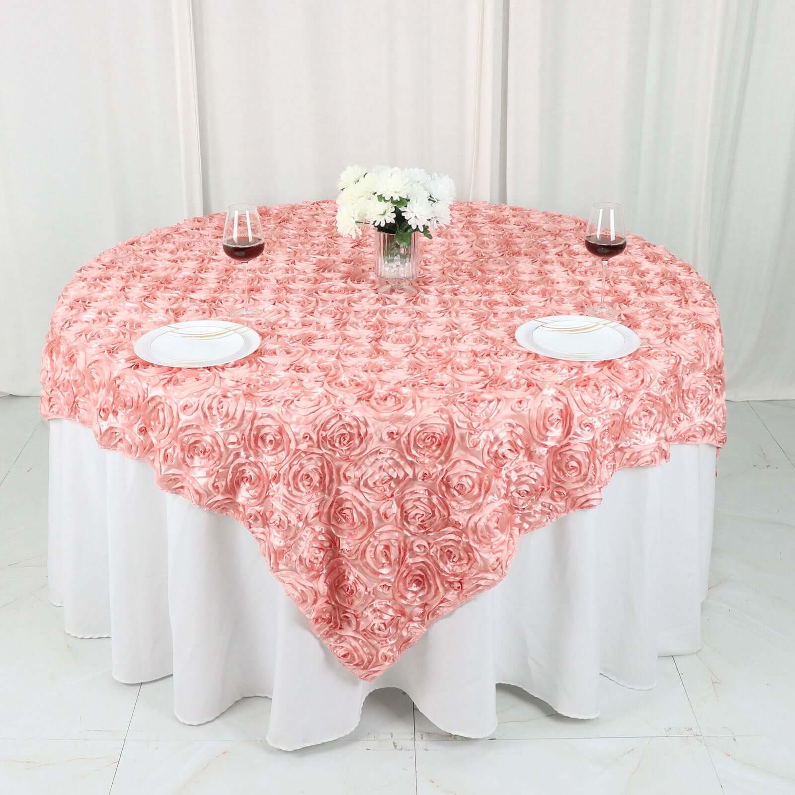 Rosette Satin Square Table Overlay 72"x72" Dusty Rose - 3D Table Topper - Image 3