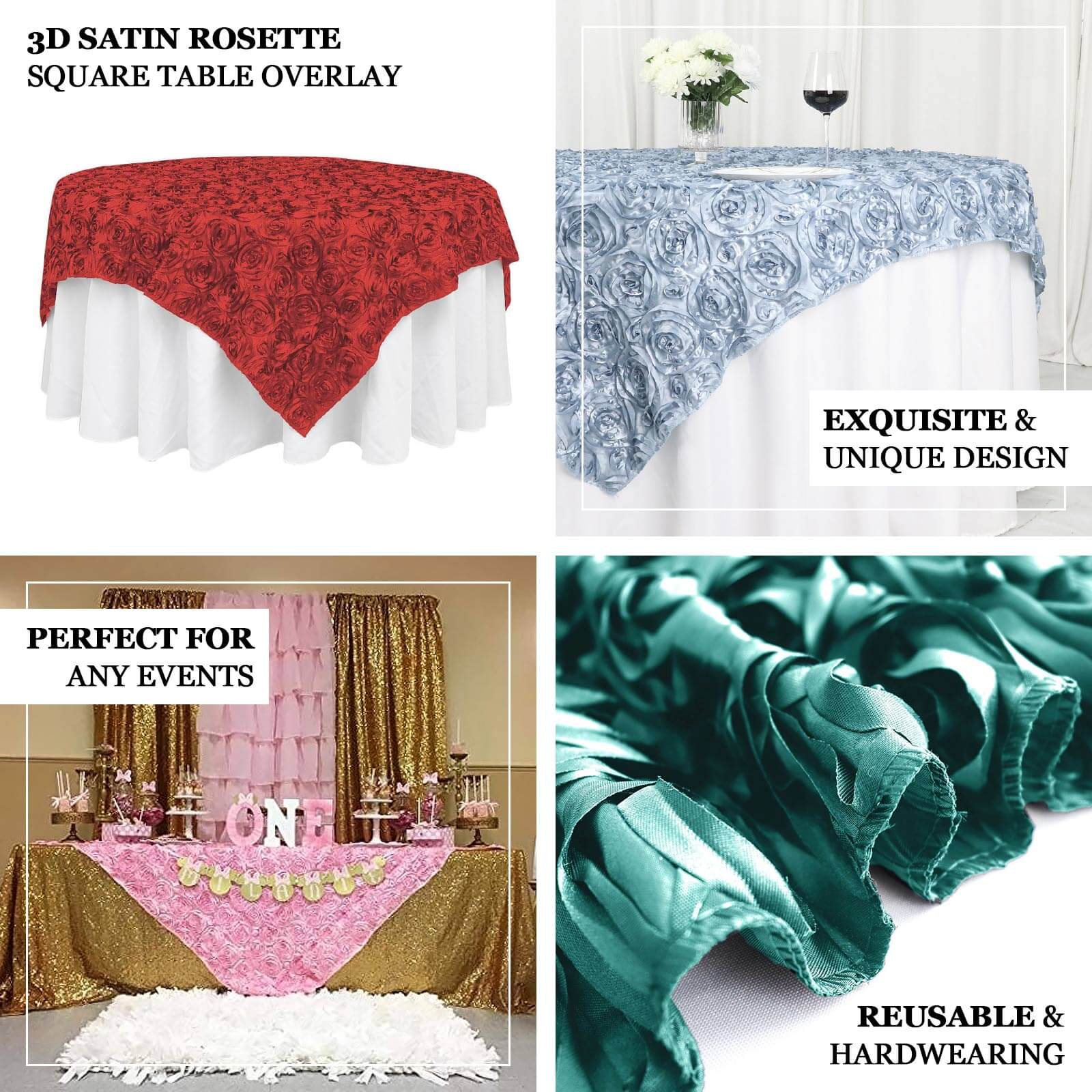 Rosette Satin Square Table Overlay 72"x72" Navy Blue - 3D Table Topper - Image 3