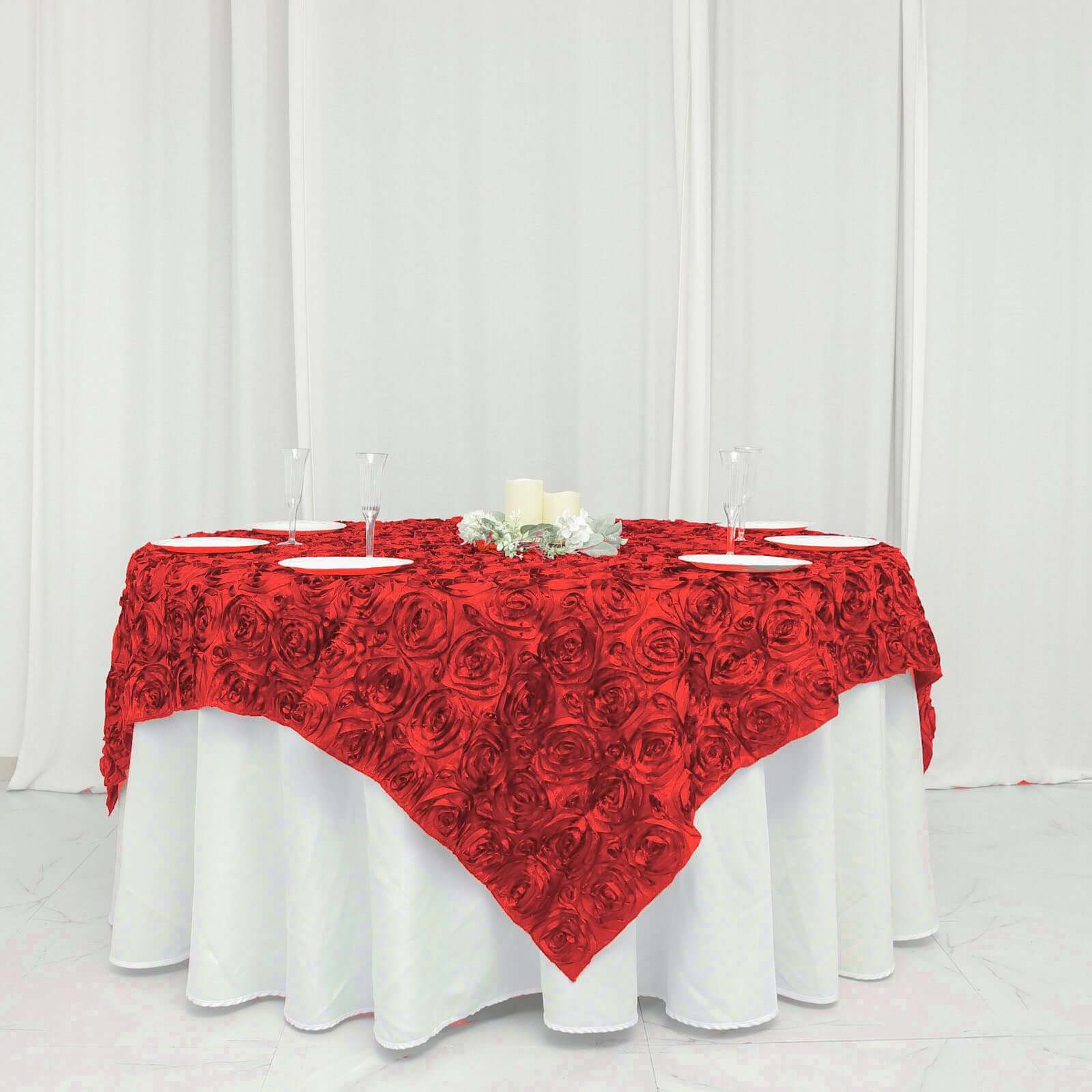 Rosette Satin Square Table Overlay 72"x72" Red - 3D Table Topper