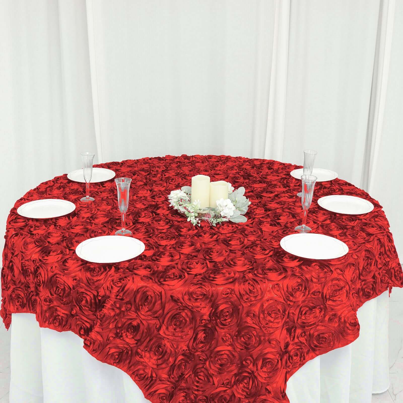 Rosette Satin Square Table Overlay 72"x72" Red - 3D Table Topper - Image 12