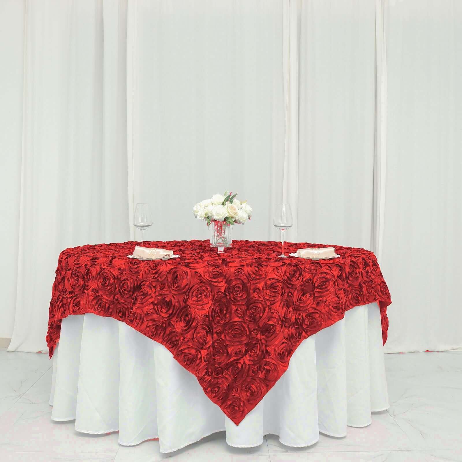 Rosette Satin Square Table Overlay 72"x72" Red - 3D Table Topper - Image 3