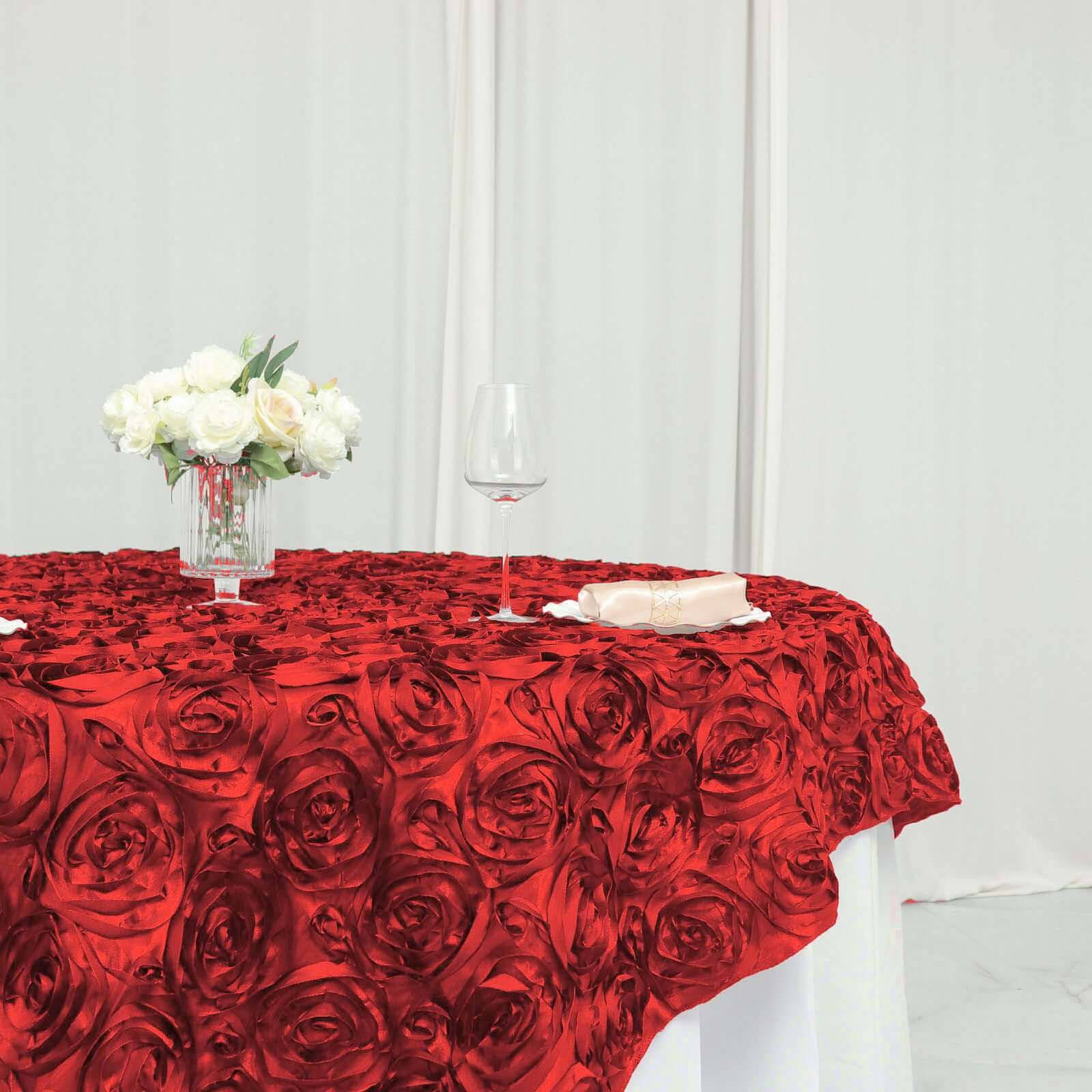 Rosette Satin Square Table Overlay 72"x72" Red - 3D Table Topper - Image 7