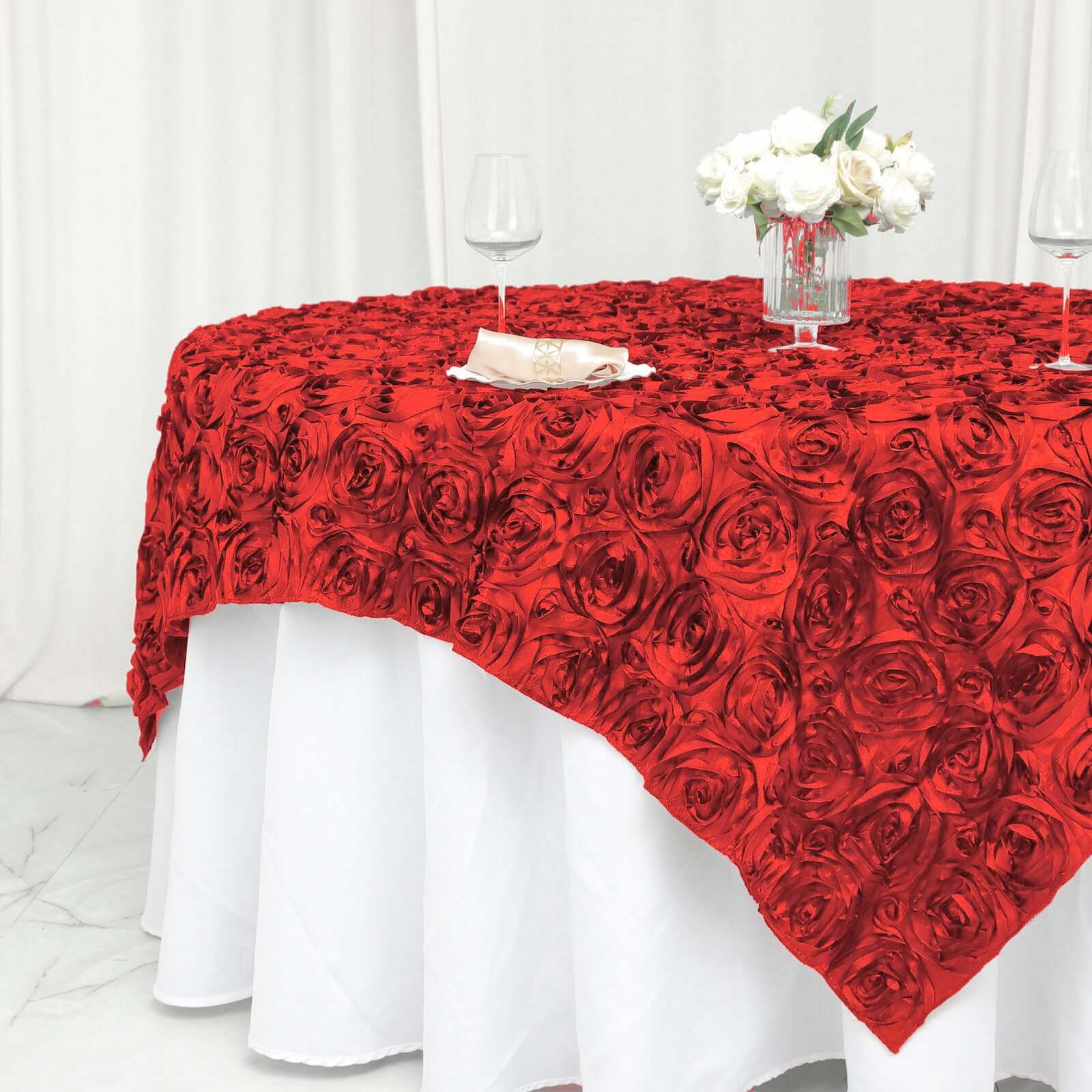 Rosette Satin Square Table Overlay 72"x72" Red - 3D Table Topper - Image 8