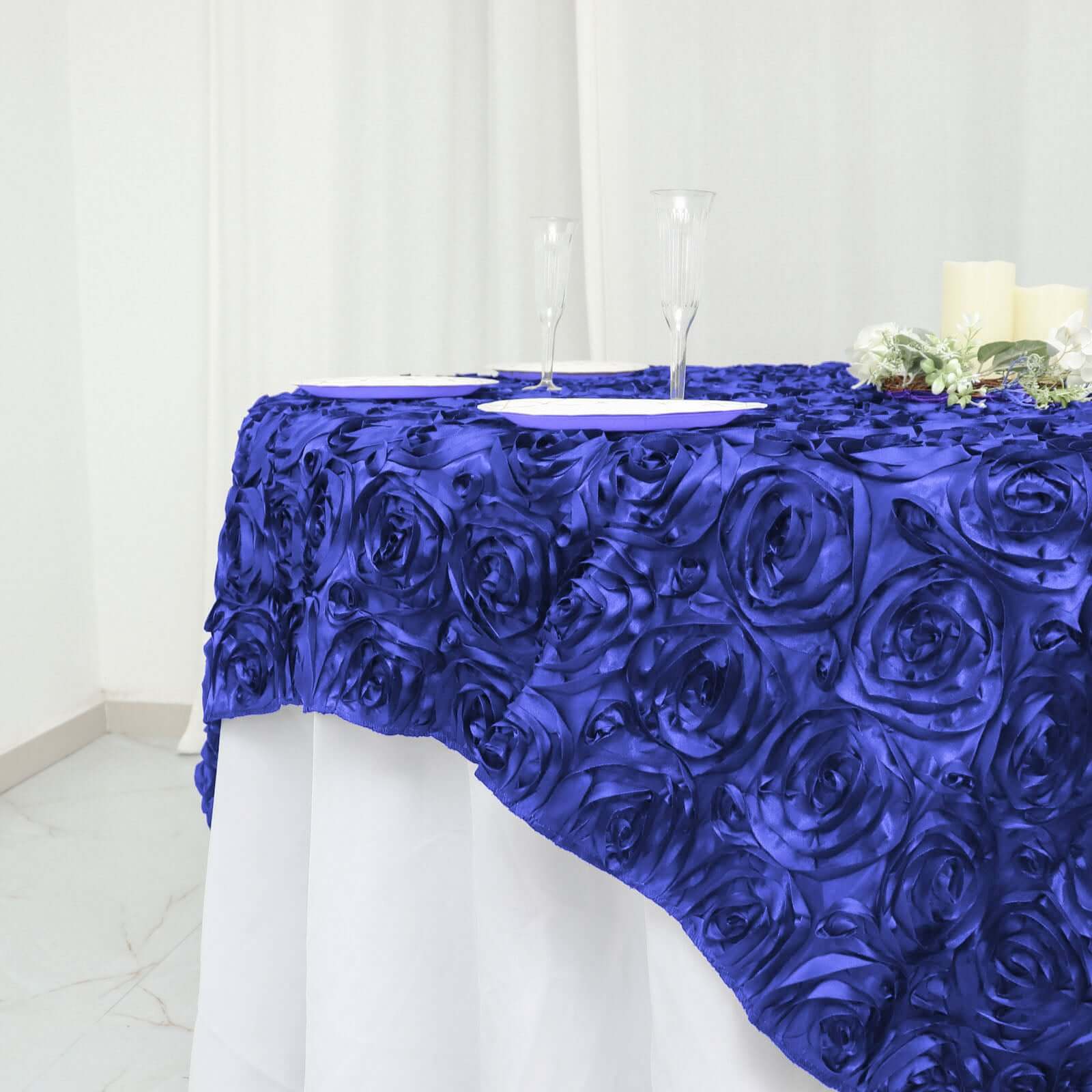 Rosette Satin Square Table Overlay 72"x72" Royal Blue - 3D Table Topper - Image 2