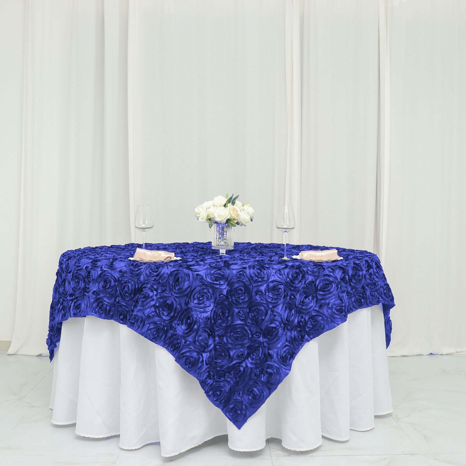 Rosette Satin Square Table Overlay 72"x72" Royal Blue - 3D Table Topper - Image 3