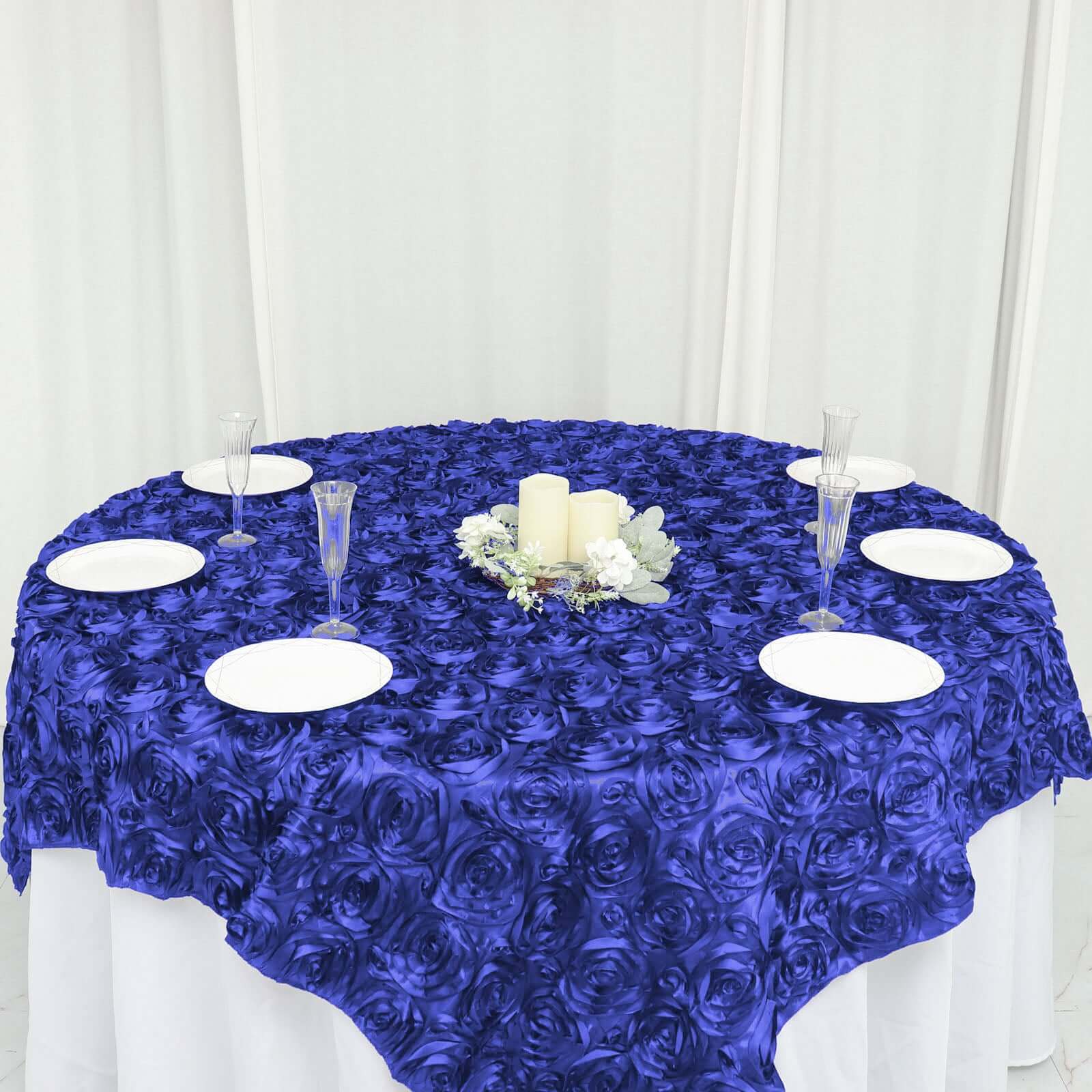 Rosette Satin Square Table Overlay 72"x72" Royal Blue - 3D Table Topper - Image 6
