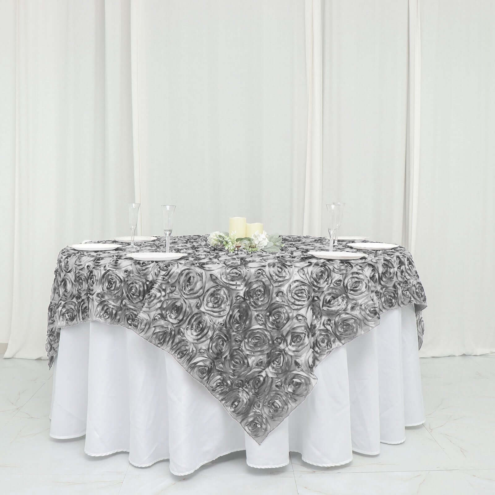 Rosette Satin Square Table Overlay 72"x72" Silver - 3D Table Topper