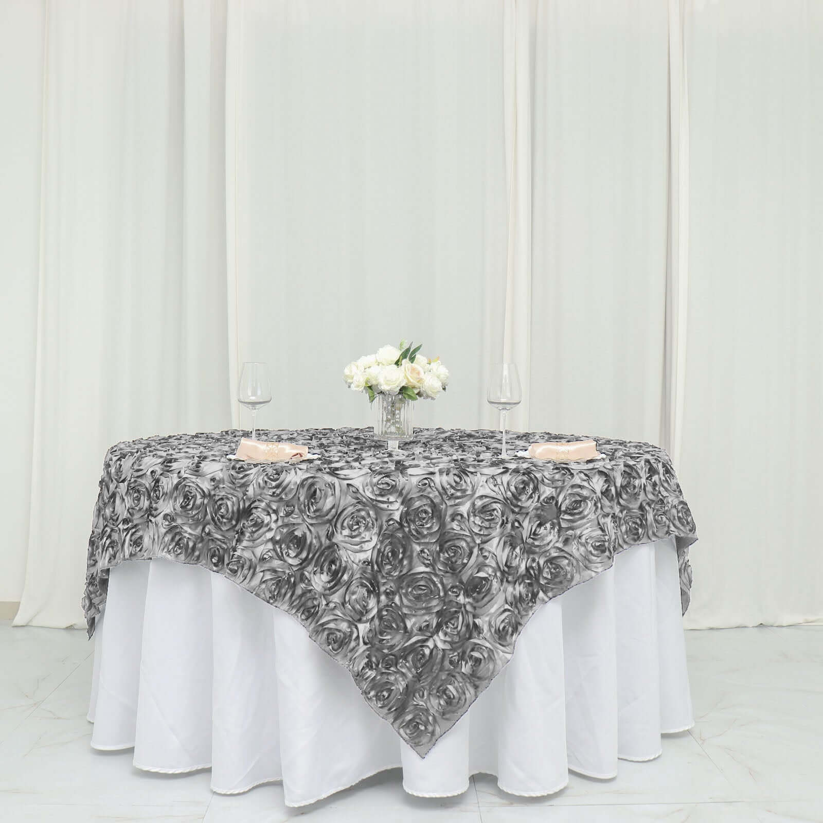 Rosette Satin Square Table Overlay 72"x72" Silver - 3D Table Topper - Image 5