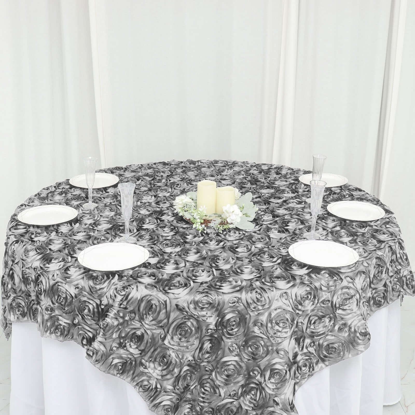Rosette Satin Square Table Overlay 72"x72" Silver - 3D Table Topper - Image 6