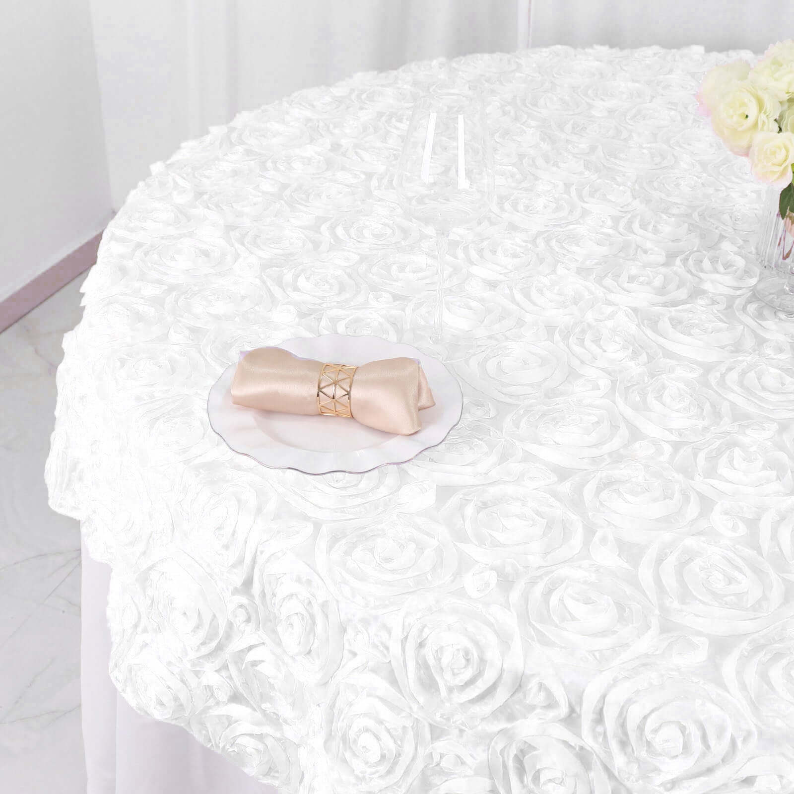 Rosette Satin Square Table Overlay 72"x72" White - Stylish 3D Design for Weddings and Luxe Celebrations - Image 7