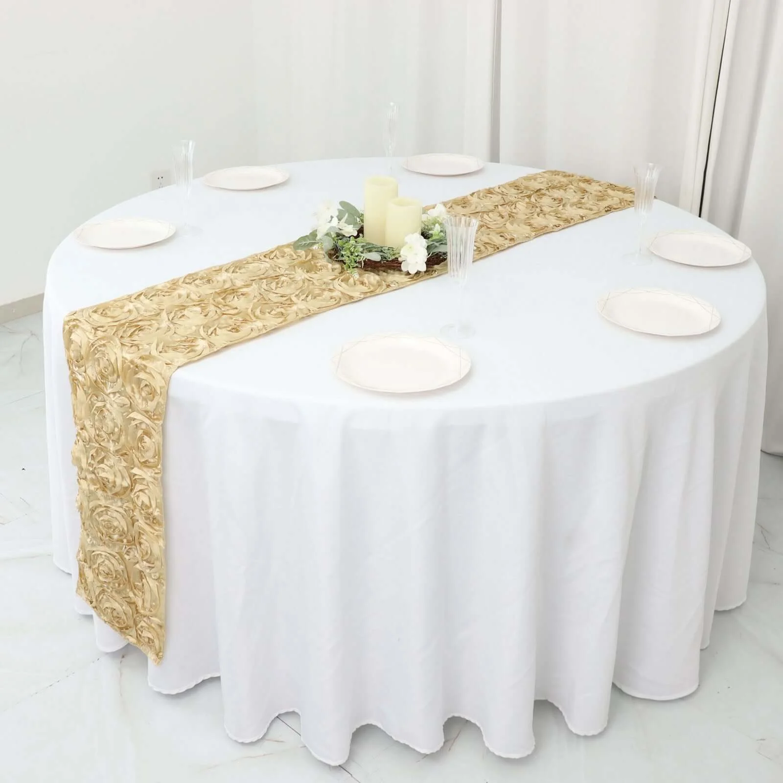 Rosette Satin Table Runner 14"x108" Champagne - Grandiose Fabric Table Decor - Image 2
